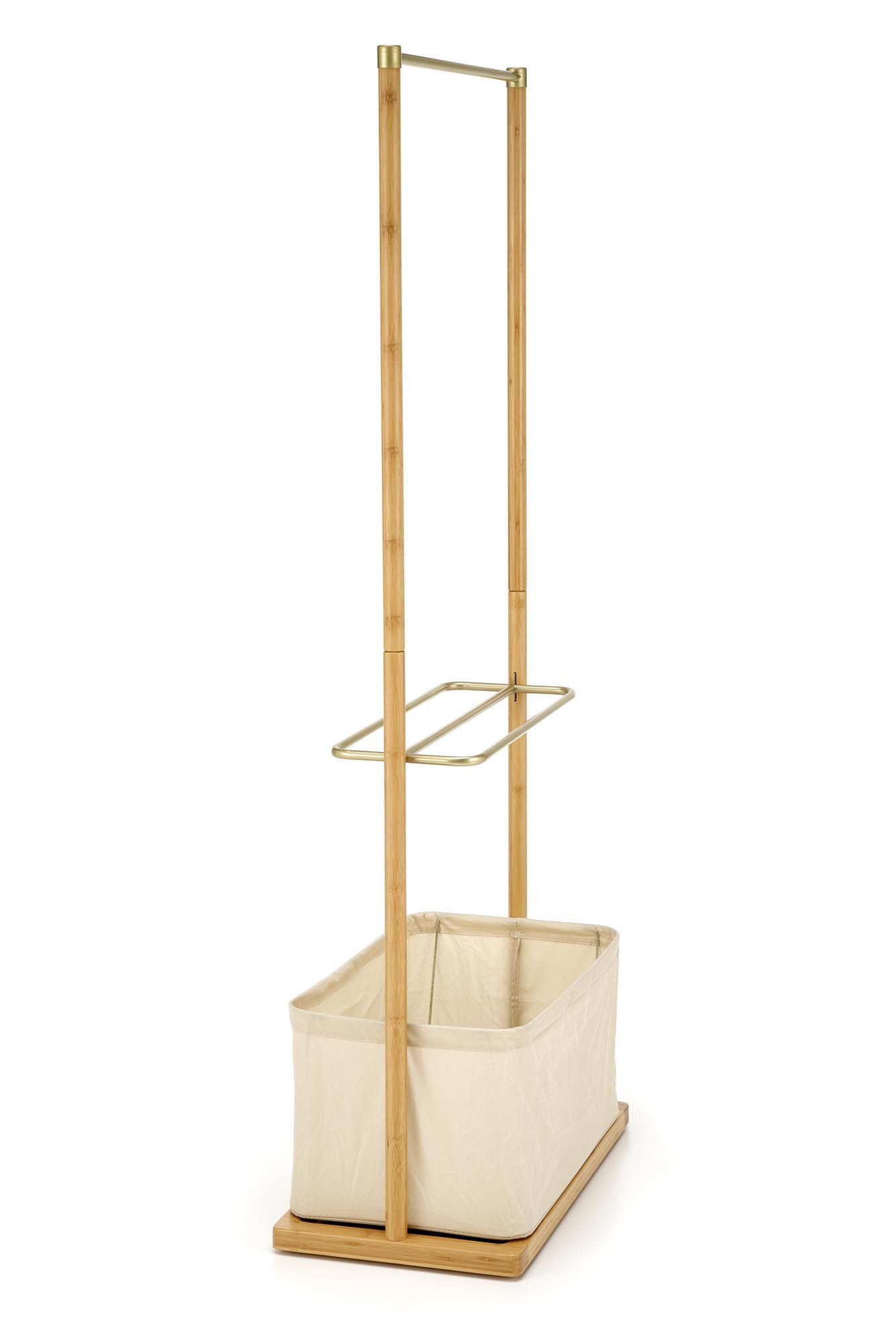 Beżowy wieszak WU-31 z naturalnego drewna bambusowego i złotej stali – widok z boku.