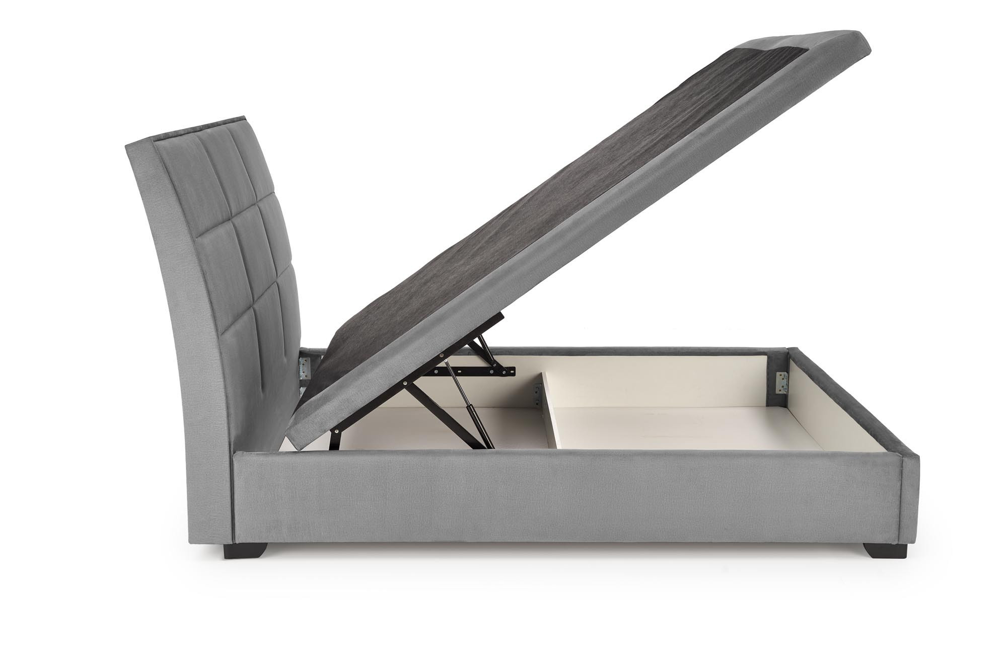 Popielate łóżko CONTINENTAL 160 cm z pojemnikiem na pościel, welurowe obicie, widok z boku.