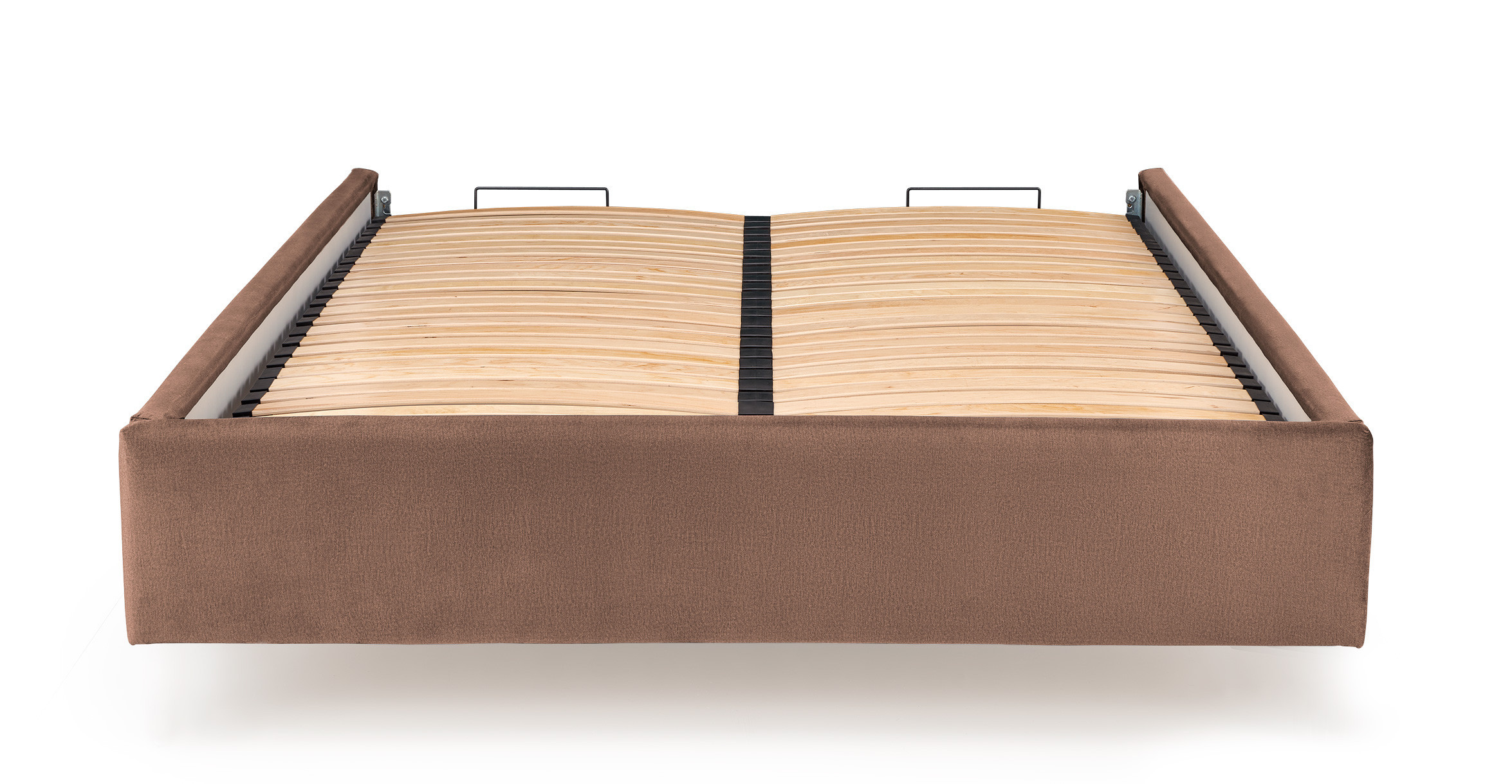 Przedni widok beżowego korpusu łóżka Sereno z pojemnikiem, tapicerowanego welurem.