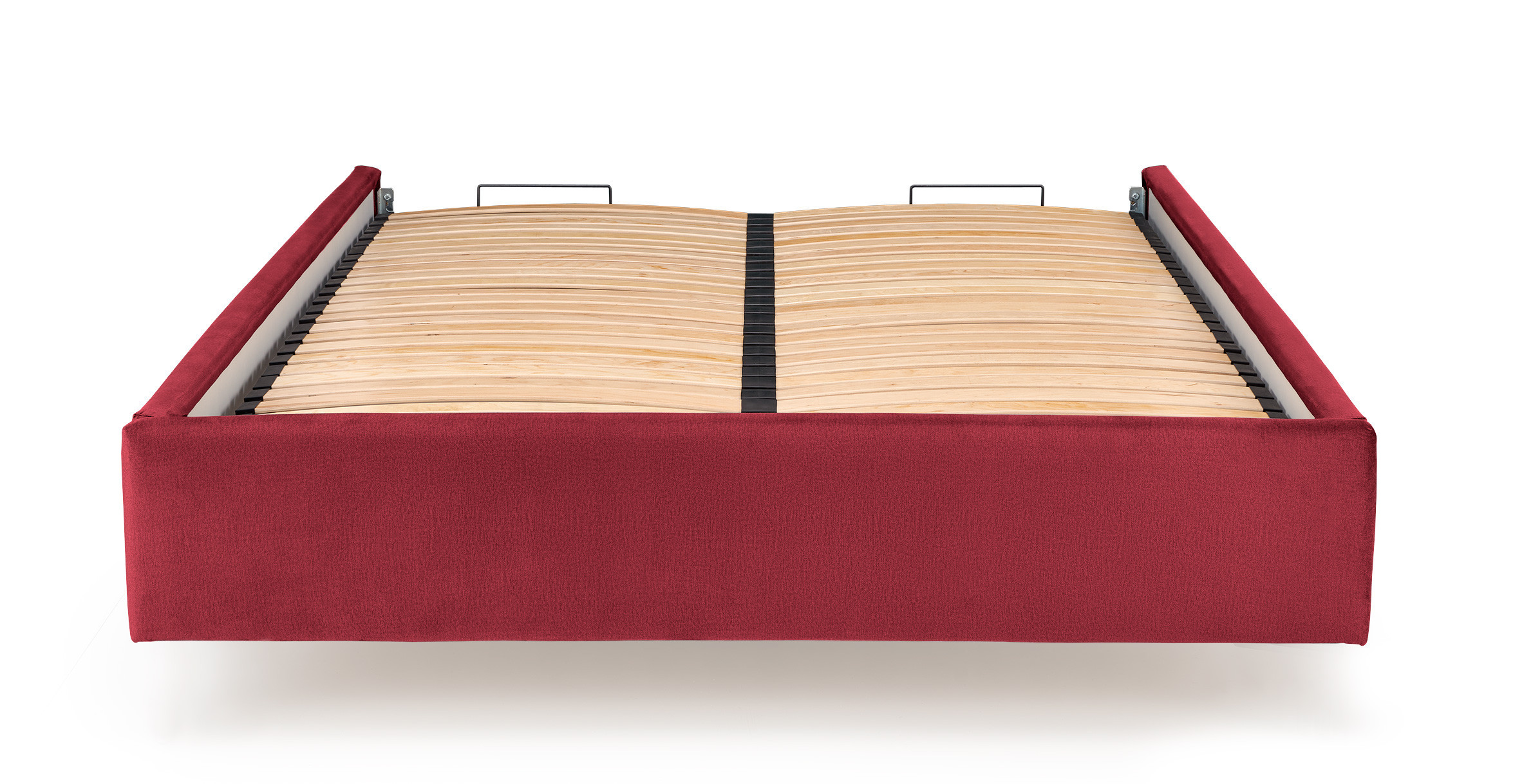 Przedni widok korpusu łóżka SERENO z pojemnikiem, bordowy velvet.