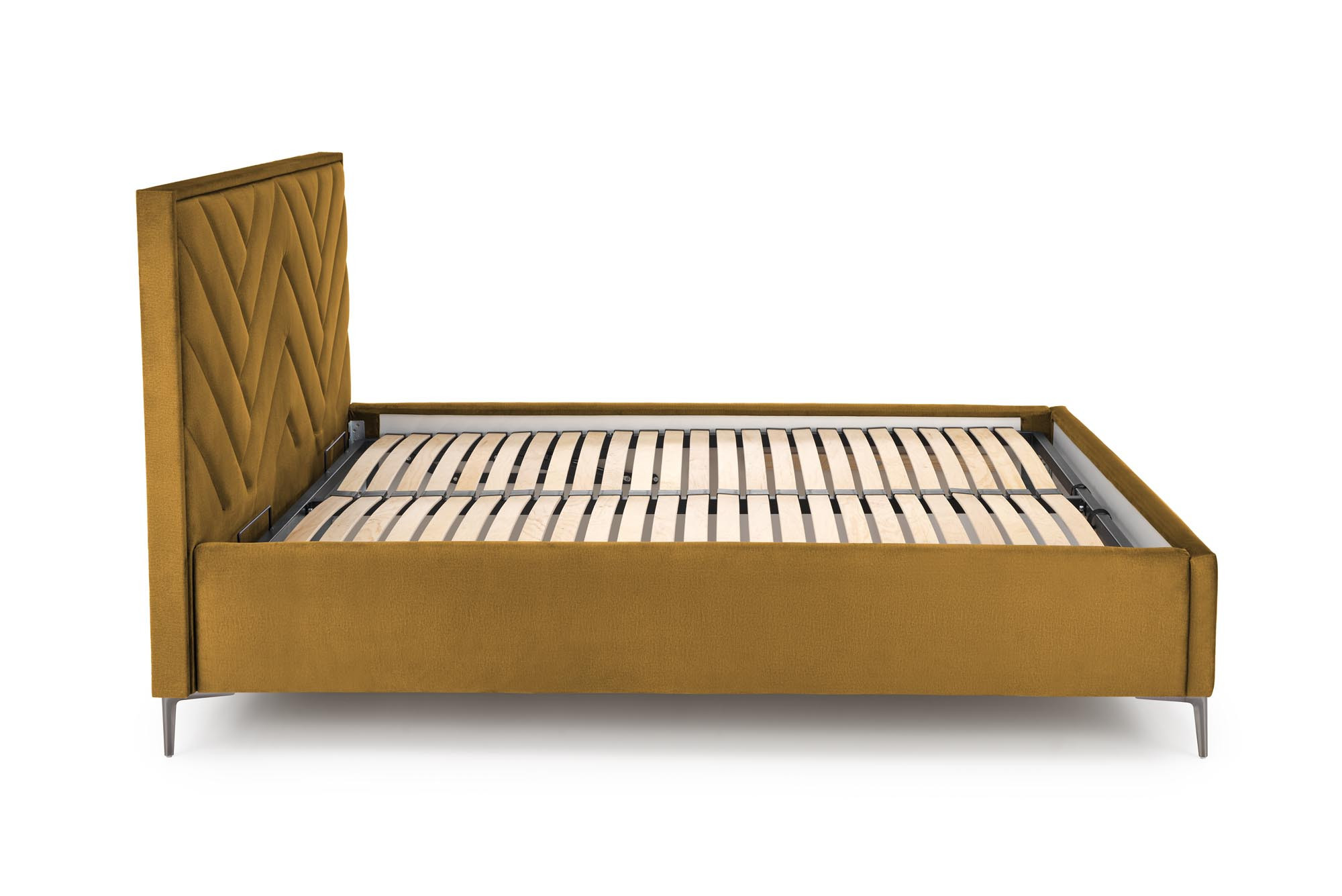 Widok z boku musztardowego korpusu łóżka Sereno z pojemnikiem, tapicerowanego w velvet.