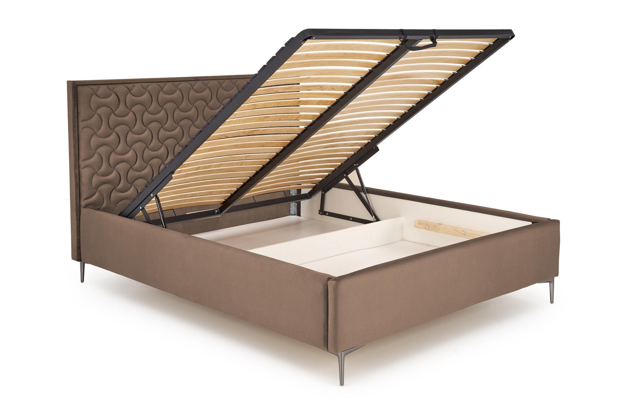 Przedni widok beżowego wezgłowia Sereno do łóżka z eleganckim wzorem velvet i podnoszonym stelażem.