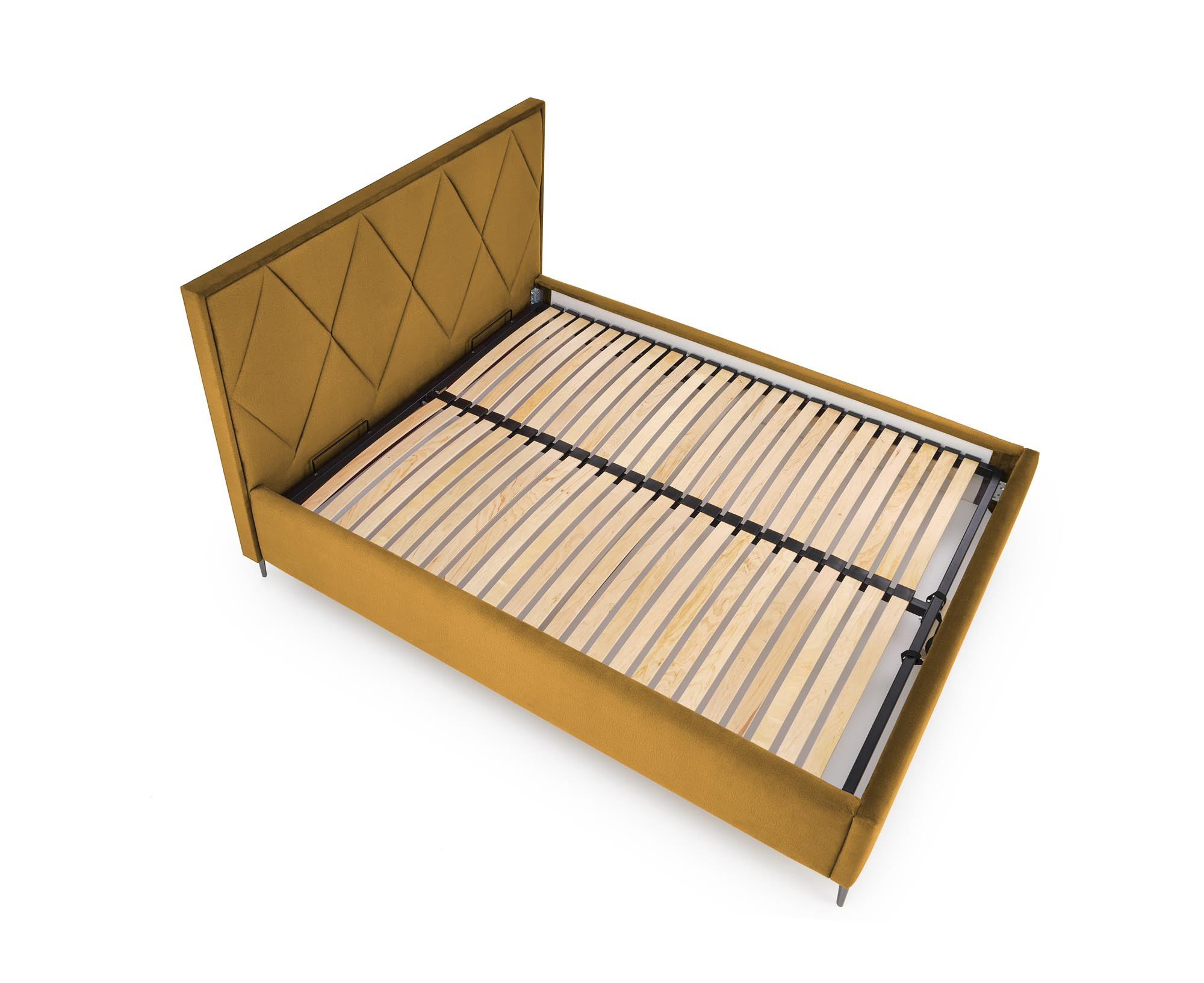 Musztardowe welurowe wezgłowie Sereno z geometrycznym wzorem – widok z góry.