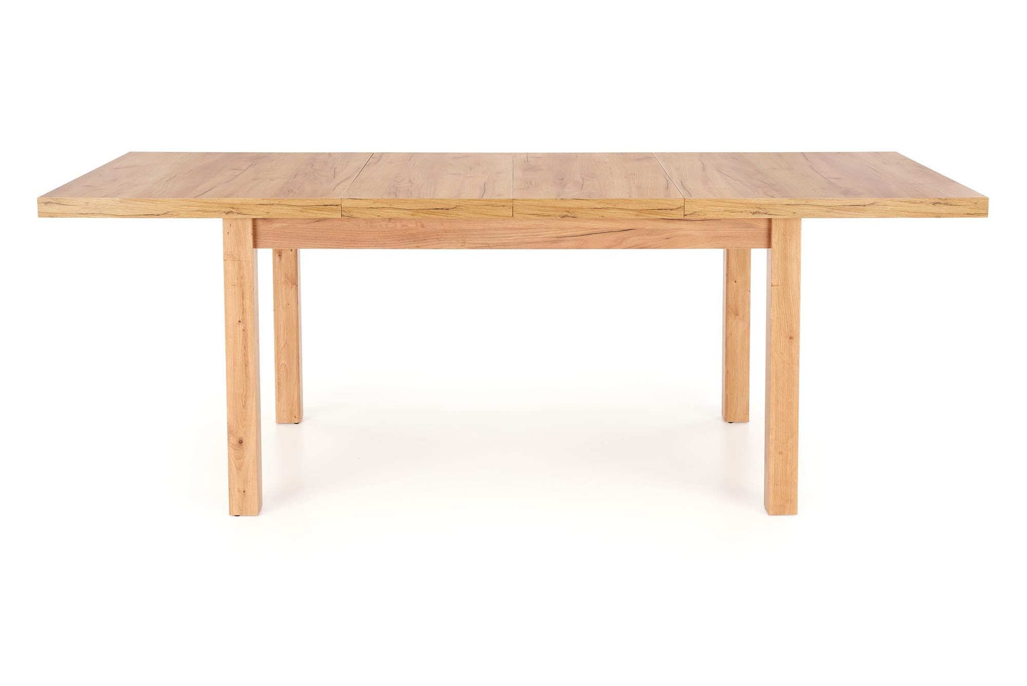 Widok z przodu rozkładanego stołu TOGO2 z drewna dębowego w kolorze craft.