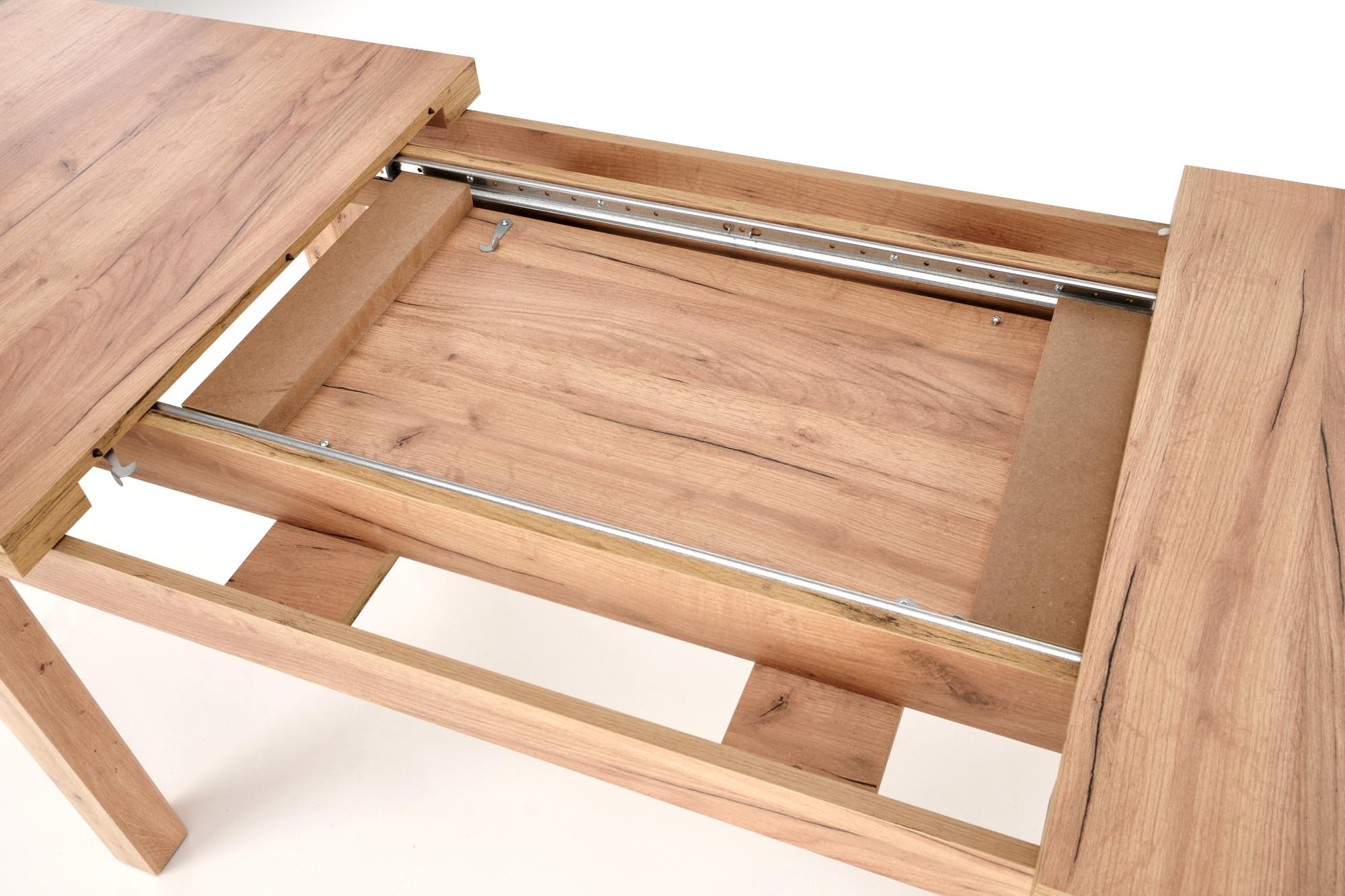 Wymiarowanie rozkładanego stołu TOGO2 z drewna dębowego w kolorze craft – widok z góry.