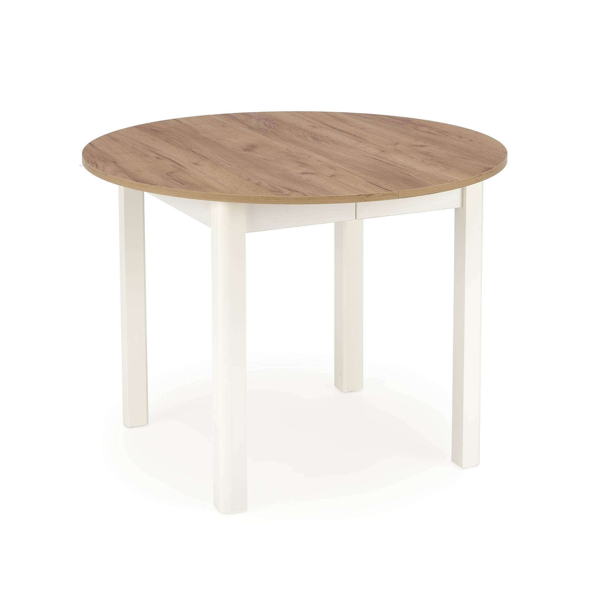 Okrągły stół WĘZYR z dębu craft białego z białymi nogami – widok z przodu.