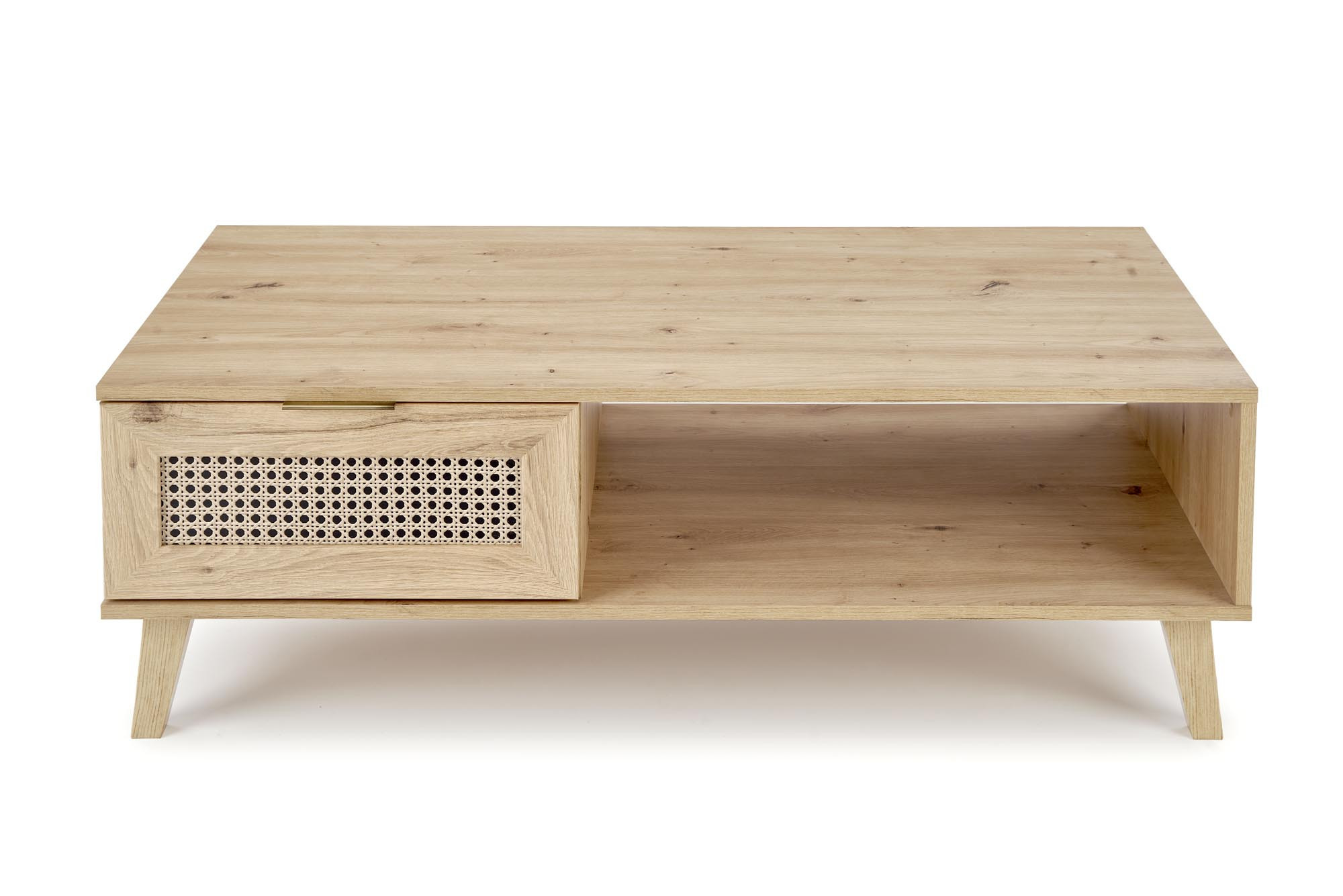 Ława BORNEO – frontowy widok w kolorze dąb artisan z szufladą i półką, nowoczesny design.