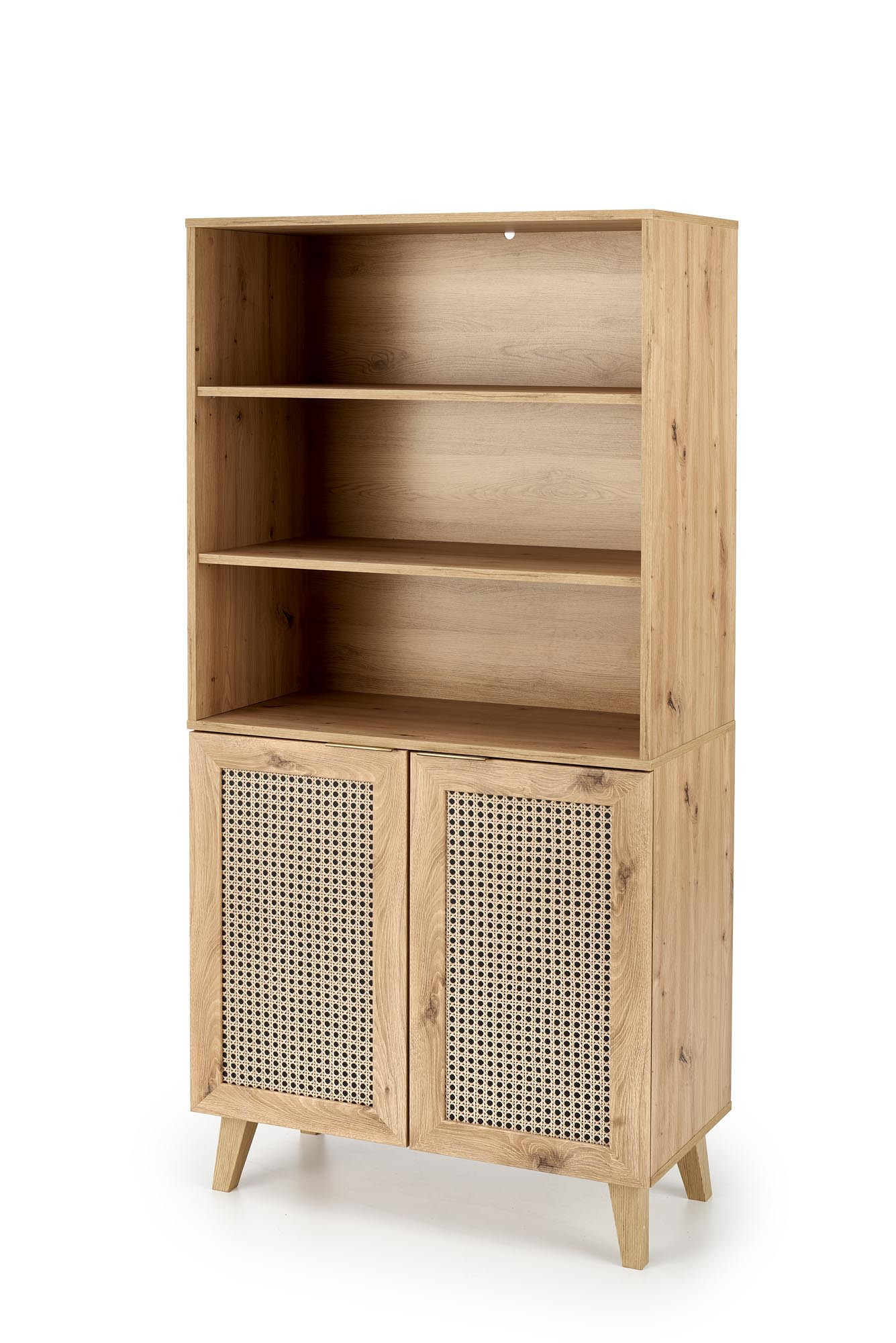 Regał BORNEO REG-1 w kolorze dąb artisan – otwarte półki i drzwiczki z nadrukiem rattanowym.