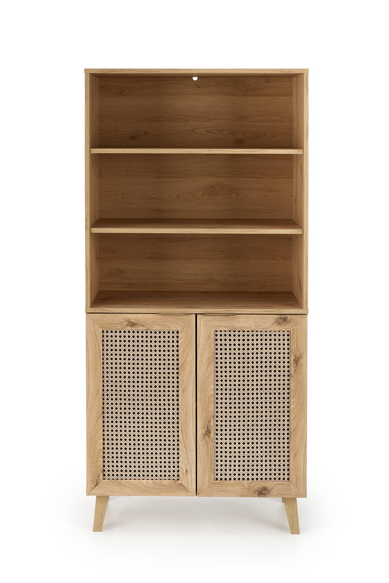 Regał BORNEO REG-1 w kolorze dąb artisan – widok frontalny z drzwiczkami z nadrukiem rattanu.