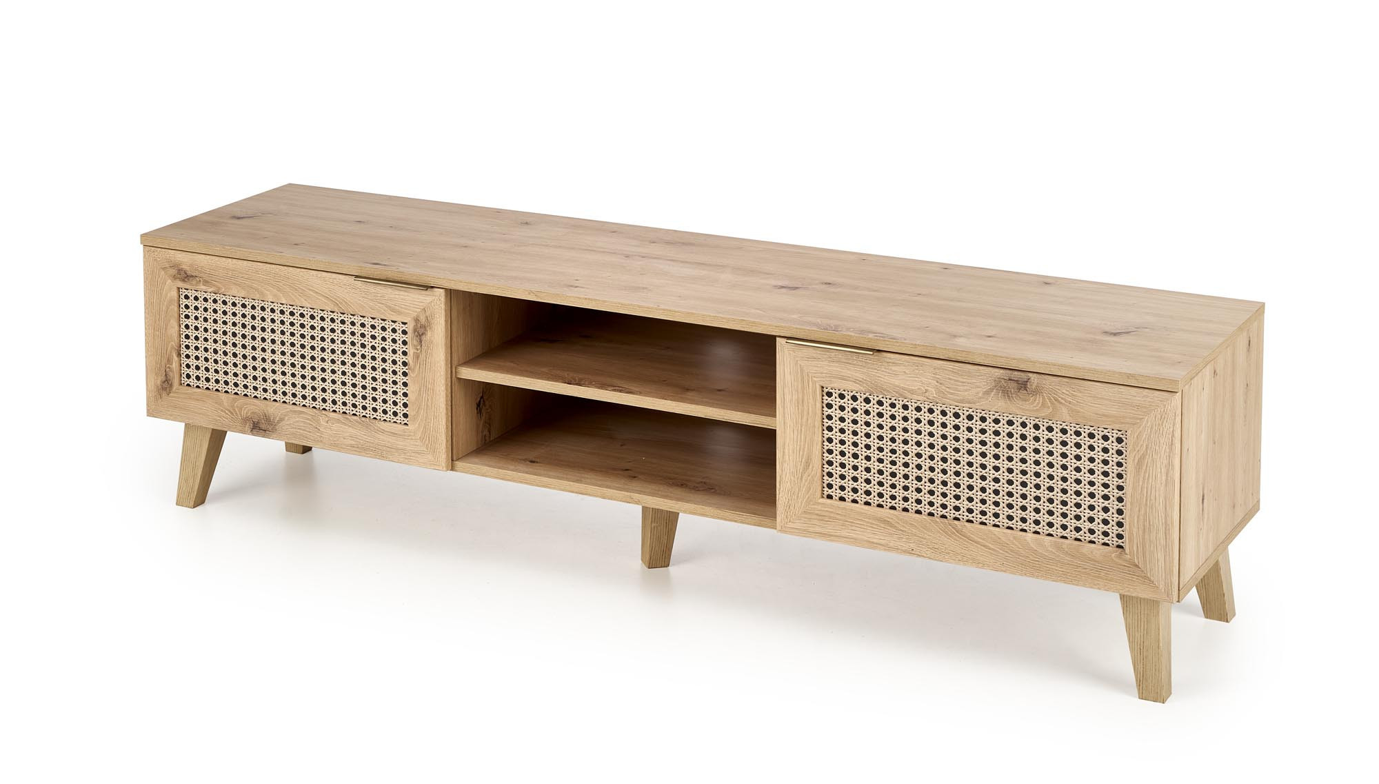 Stolik RTV BORNEO – dąb artisan, widok z przodu, fronty z nadrukiem rattanowym i otwarte półki.