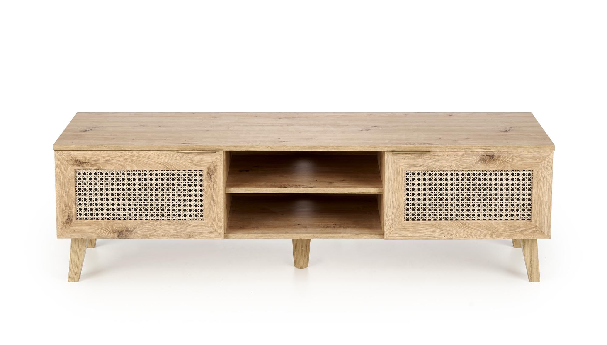 BORNEO stolik RTV – dąb artisan, widok frontalny, fronty z nadrukiem rattanu.