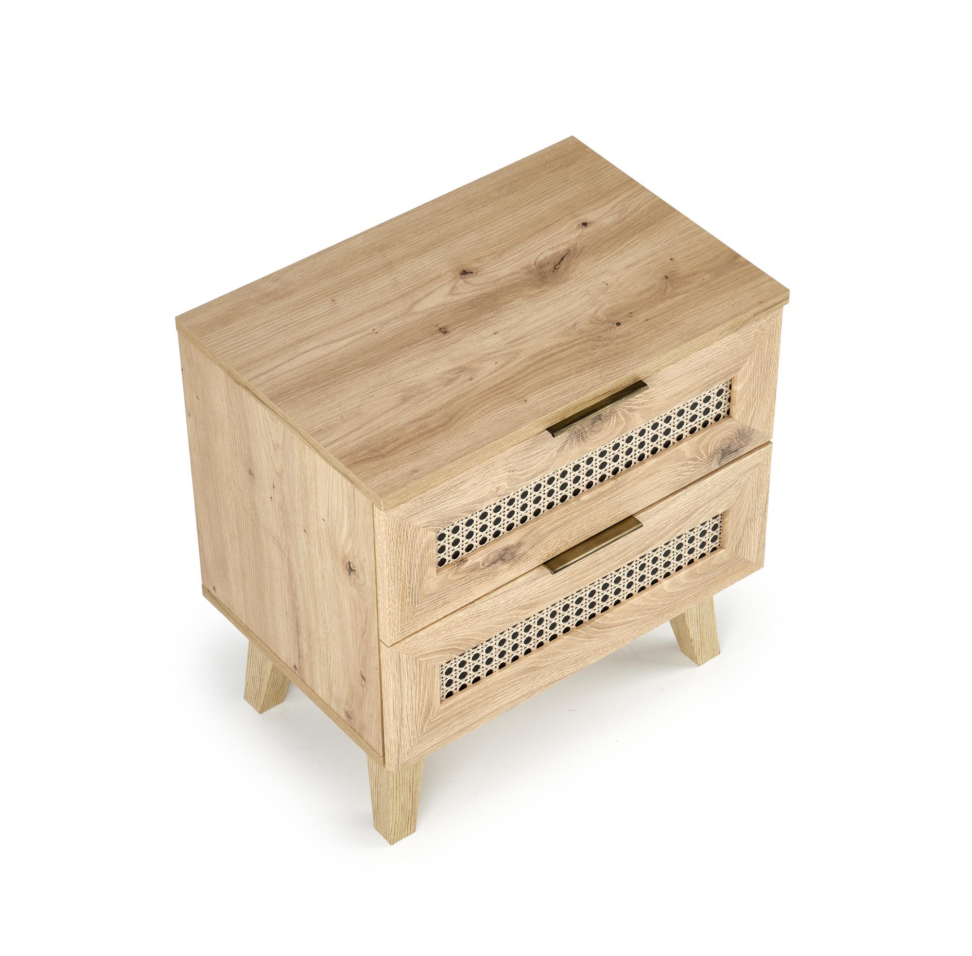 BORNEO szafka nocna w kolorze dąb artisan – widok z góry z frontami z nadrukiem rattanowym.