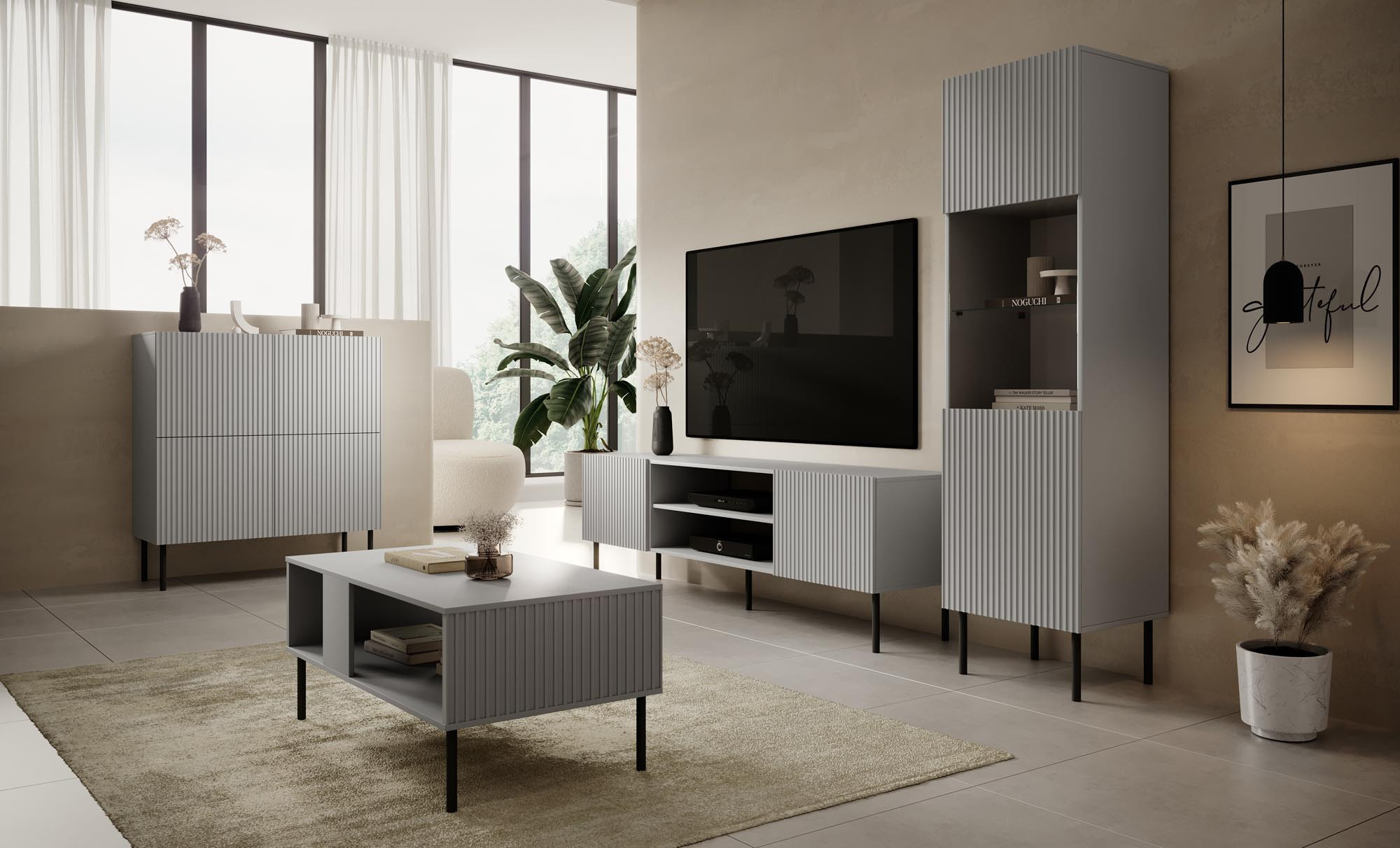 Zestaw mebli ASENSIO KM-2 w jasnym popielu z pionowymi żłobieniami, widok z przodu.