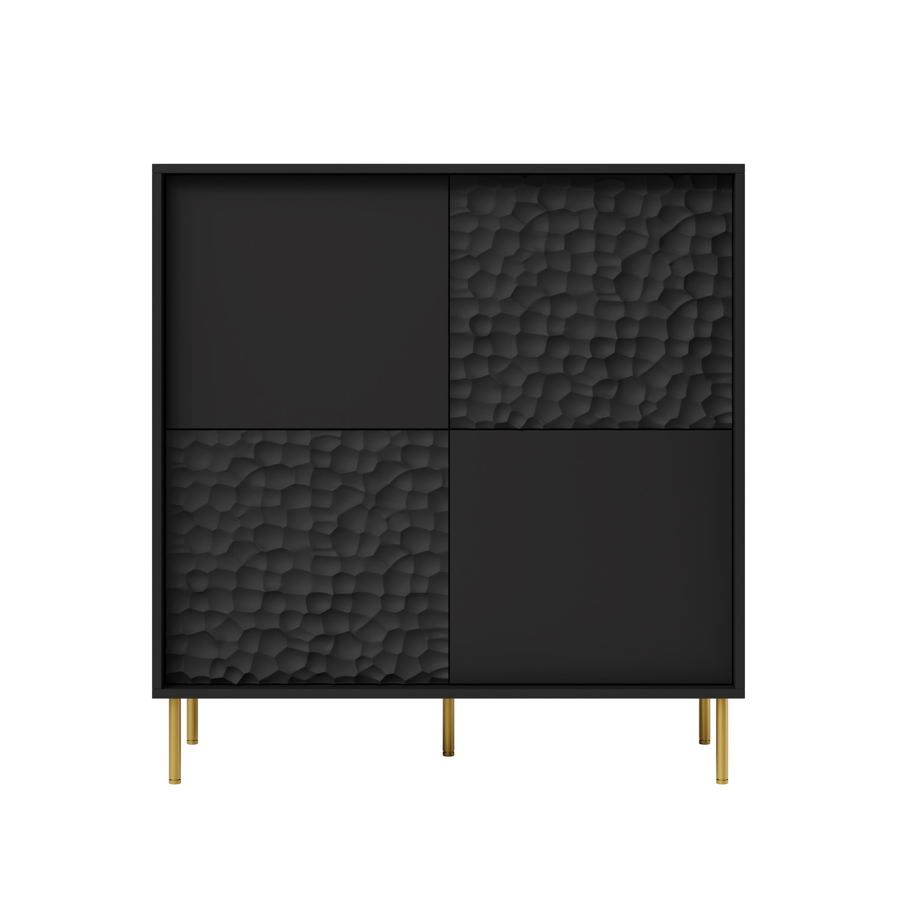Czarna komoda BULLET KM-2 z teksturowanymi frontami i złotymi nogami – zdjęcie z przodu.