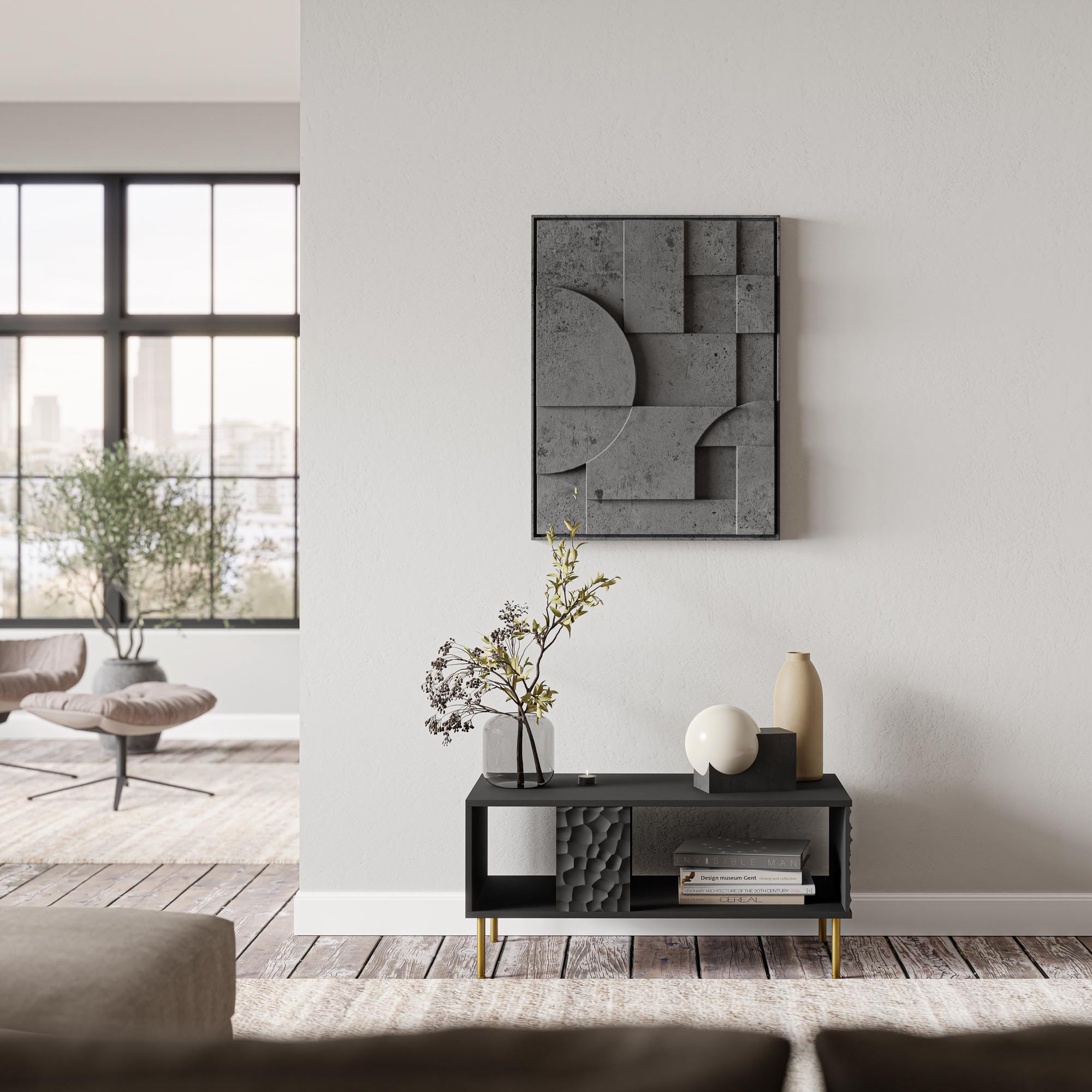 Czarna ława BULLET z teksturowanymi bokami i złotymi nogami – widok w eleganckim salonie.