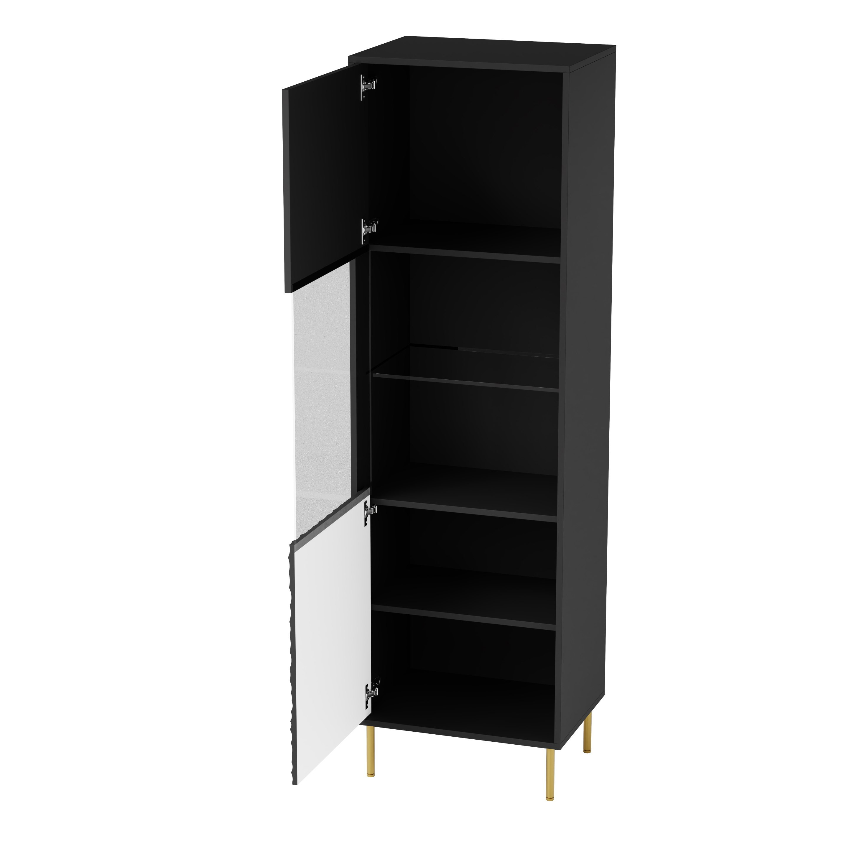 Czarna witryna BULLET ze złotymi nogami, otwarte drzwi, widok na półki.