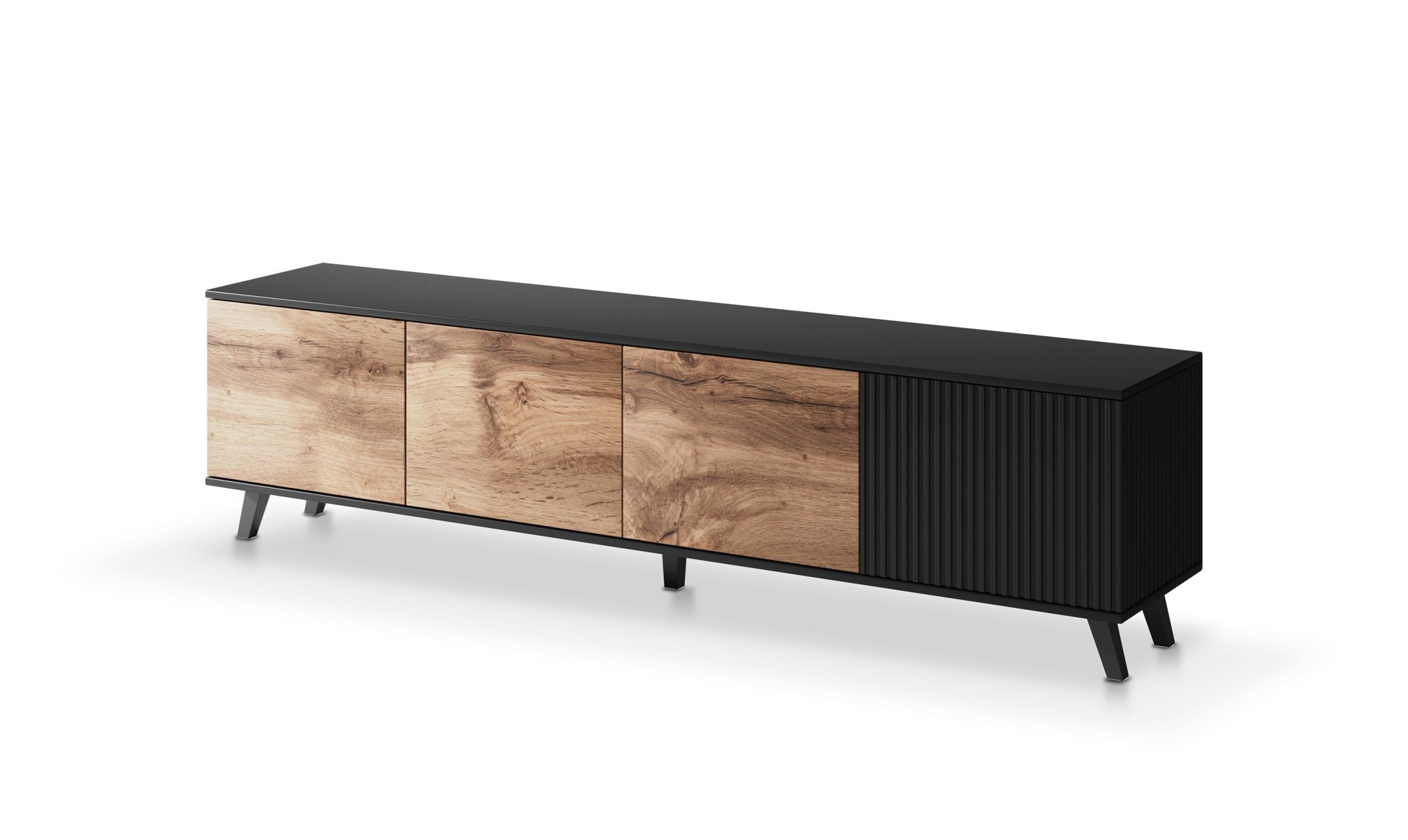 Stolik RTV RANDOM dąb wotan z czarnymi elementami – zdjęcie z przodu.