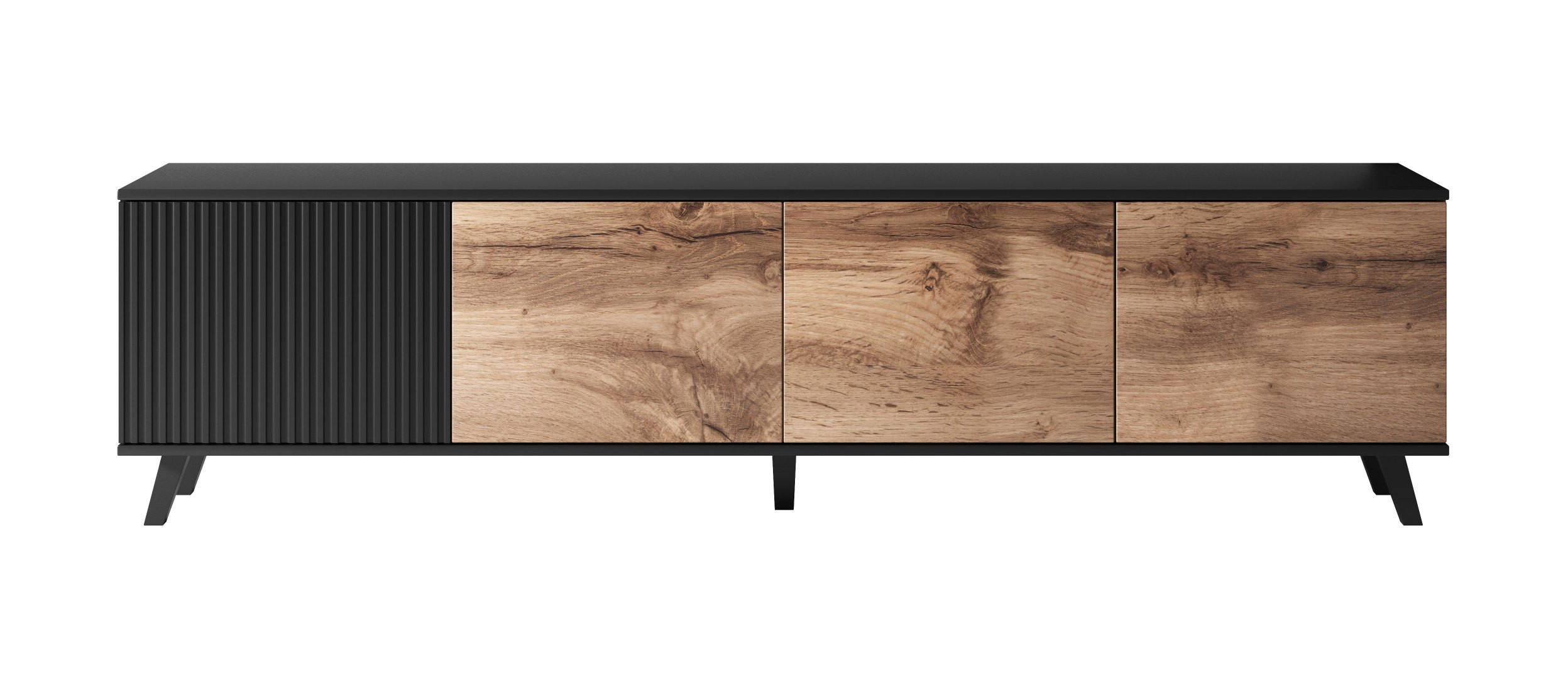 Nowoczesny stolik RTV RANDOM dąb wotan z czarnymi elementami – widok z przodu.