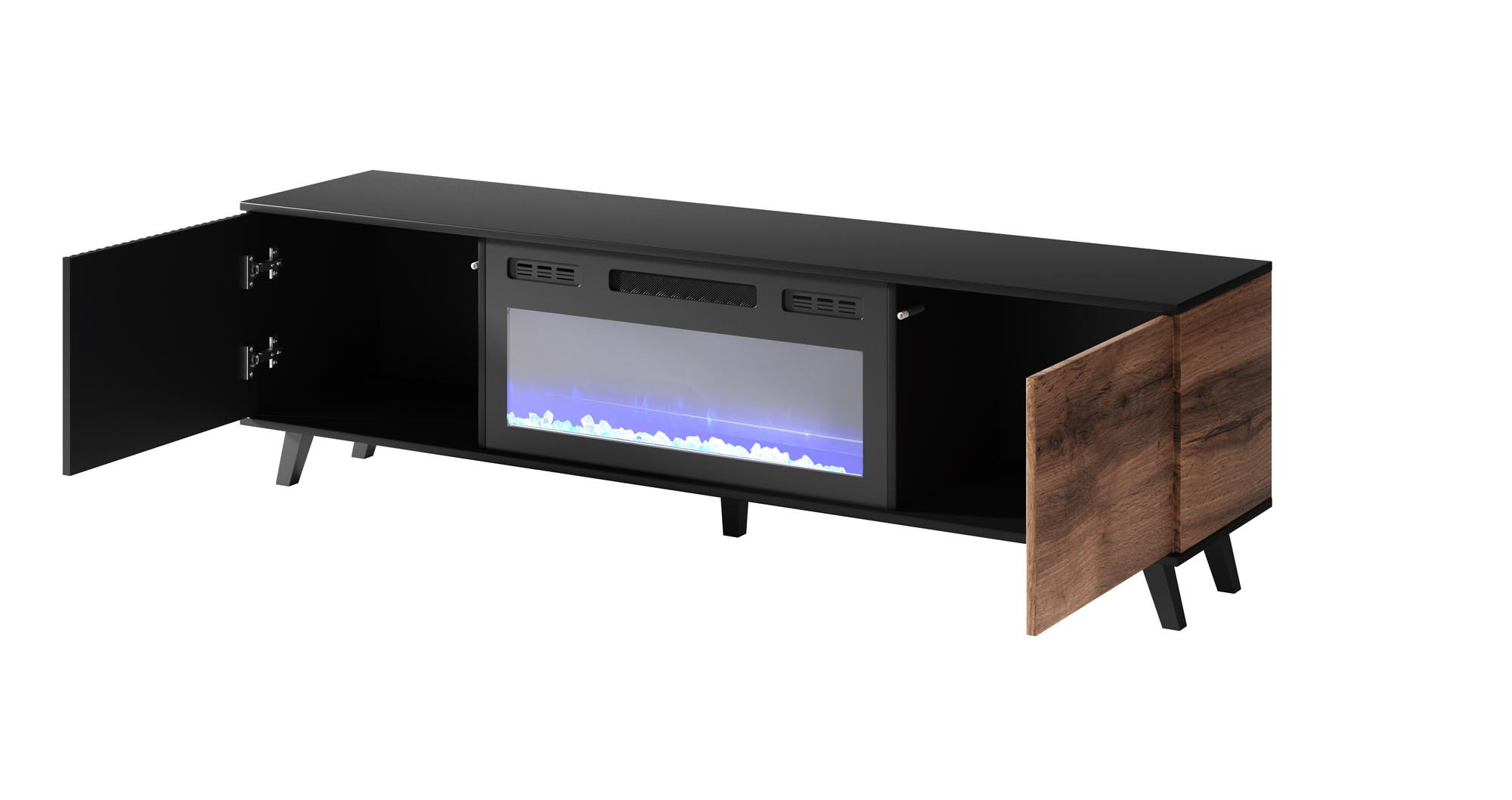 Stolik RTV RANDOM dąb wotan z kominkiem – widok z przodu z otwartymi drzwiczkami.