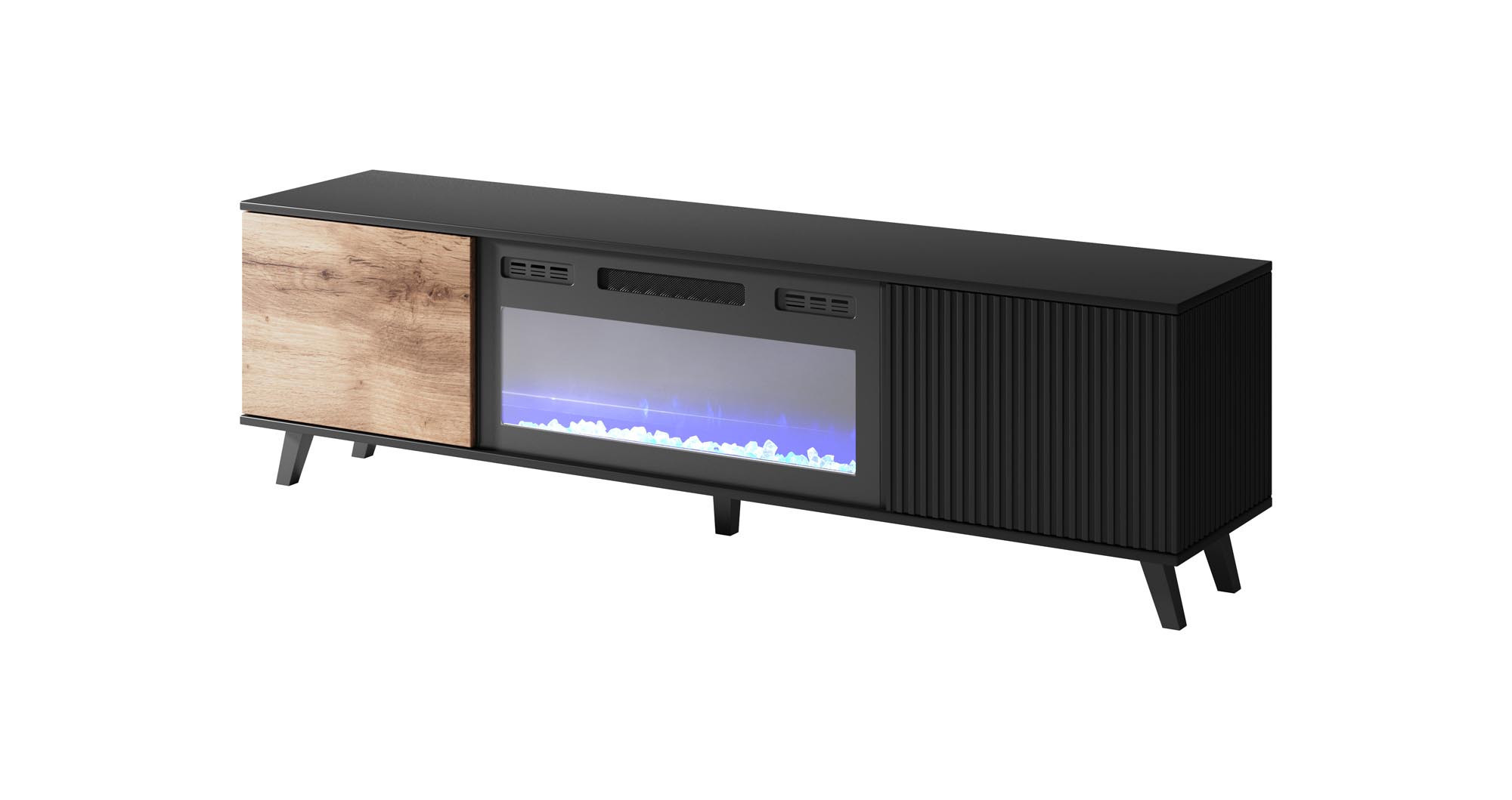 Stolik RTV RANDOM dąb wotan z kominkiem – widok z boku.