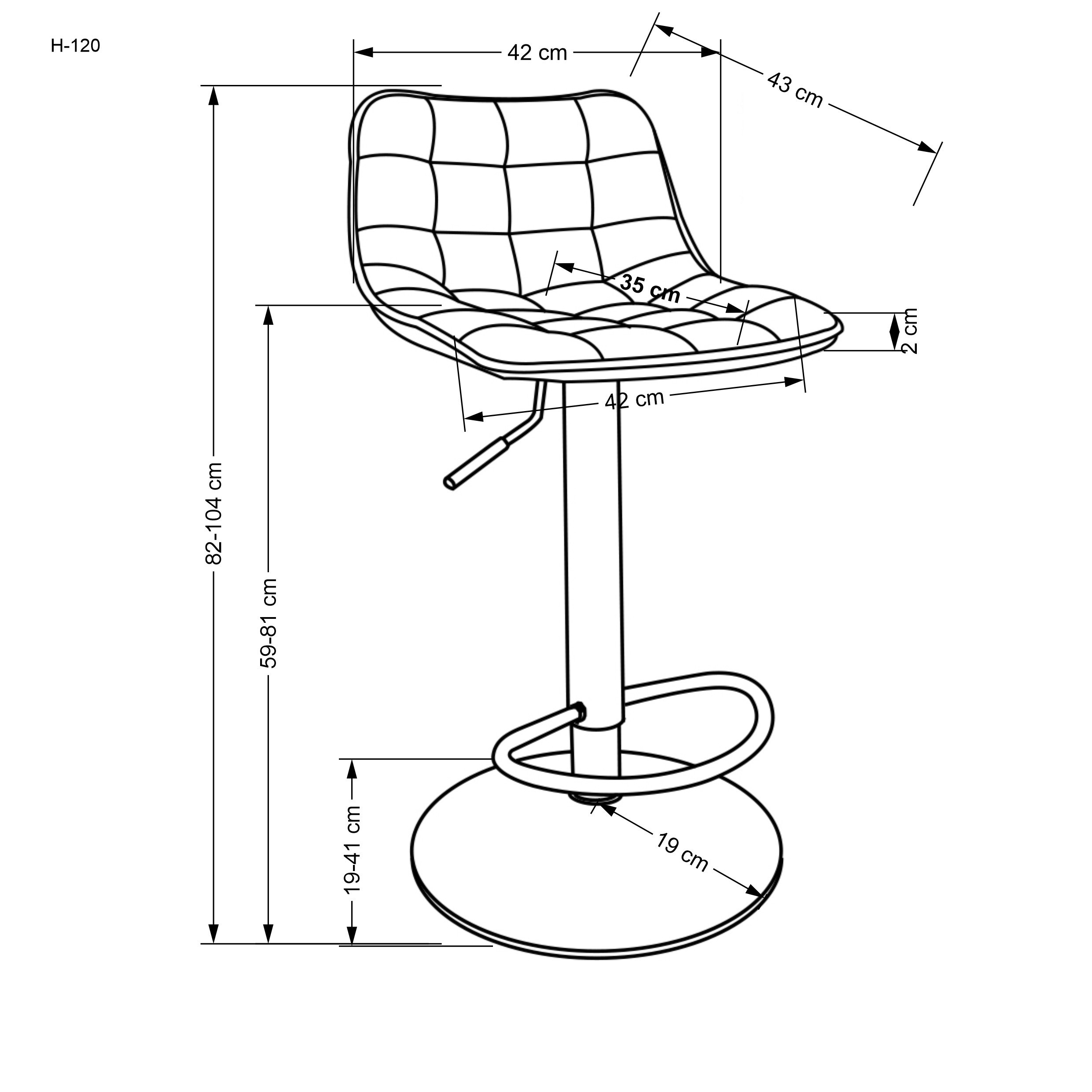 Wymiarowanie czarnego hokera H120 z pikowanym siedziskiem i złotą podstawą – widok z boku.
