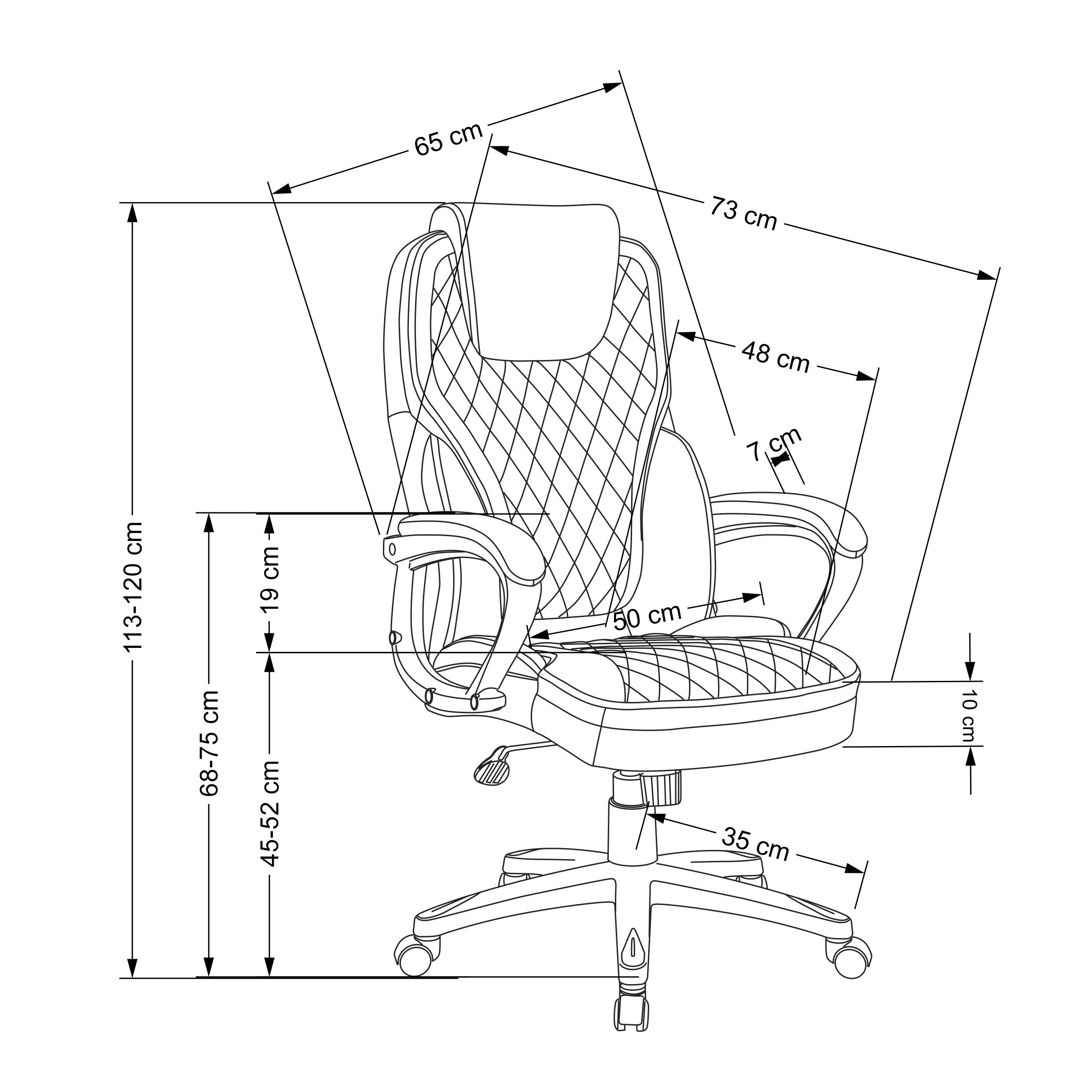 Wymiarowanie czarno-popielatego fotela GANDALF z mechanizmem TILT – widok z przodu.
