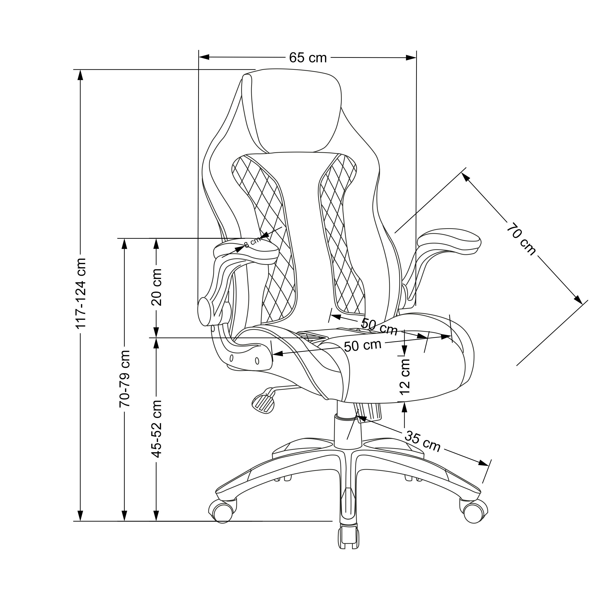 Wymiarowanie nowoczesnego czarno-popielatego fotela HAMLET z eko skóry – widok z przodu.