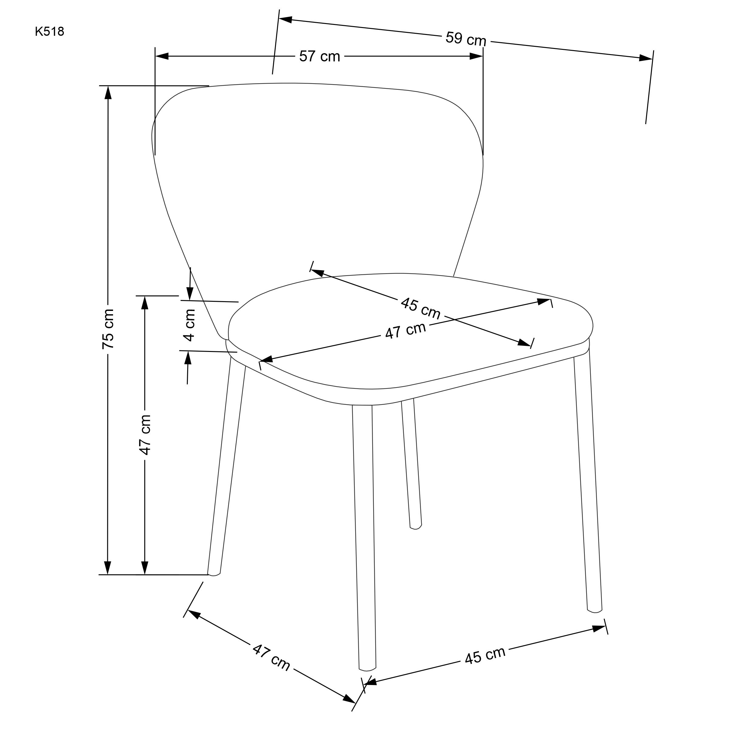 Wymiarowanie kremowego krzesła K518 z tkaniny boucle – widok z przodu.