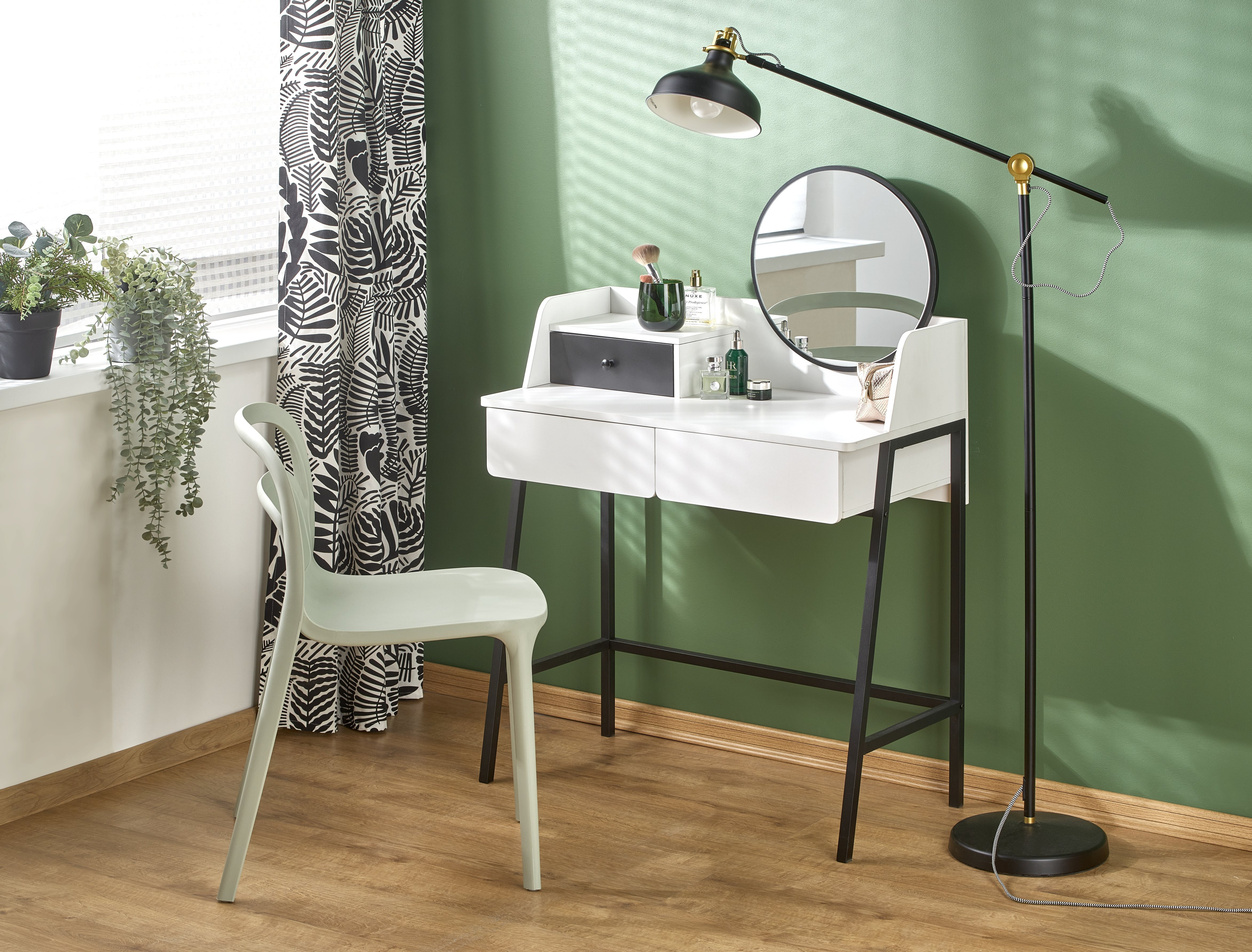 Konsolka AGNES biało-czarna z okrągłym lustrem i dwoma szufladami – widok z przodu.