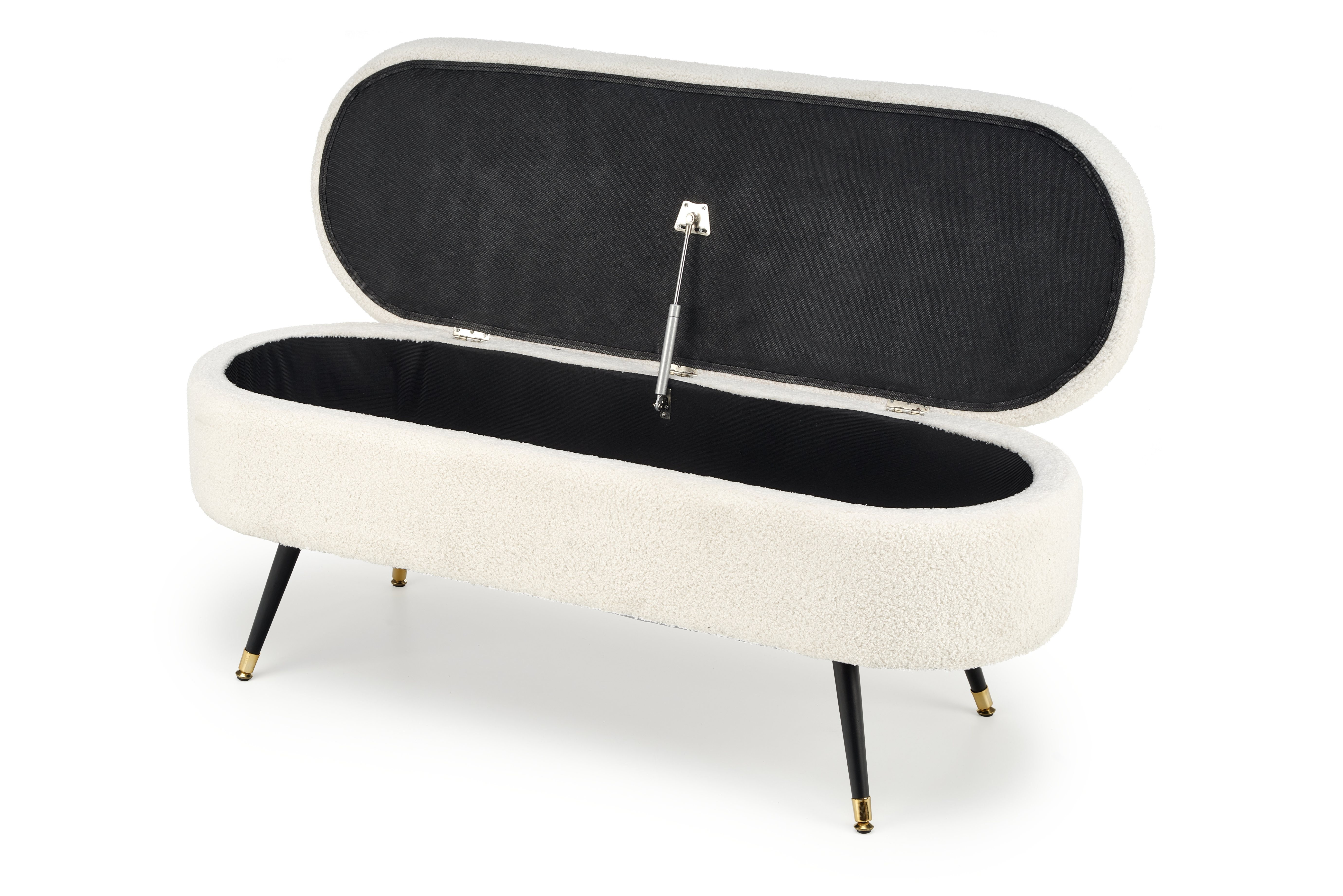 Kremowa ławka AVEIRO z pojemnikiem na czarnych nóżkach – widok z góry z otwartym schowkiem.