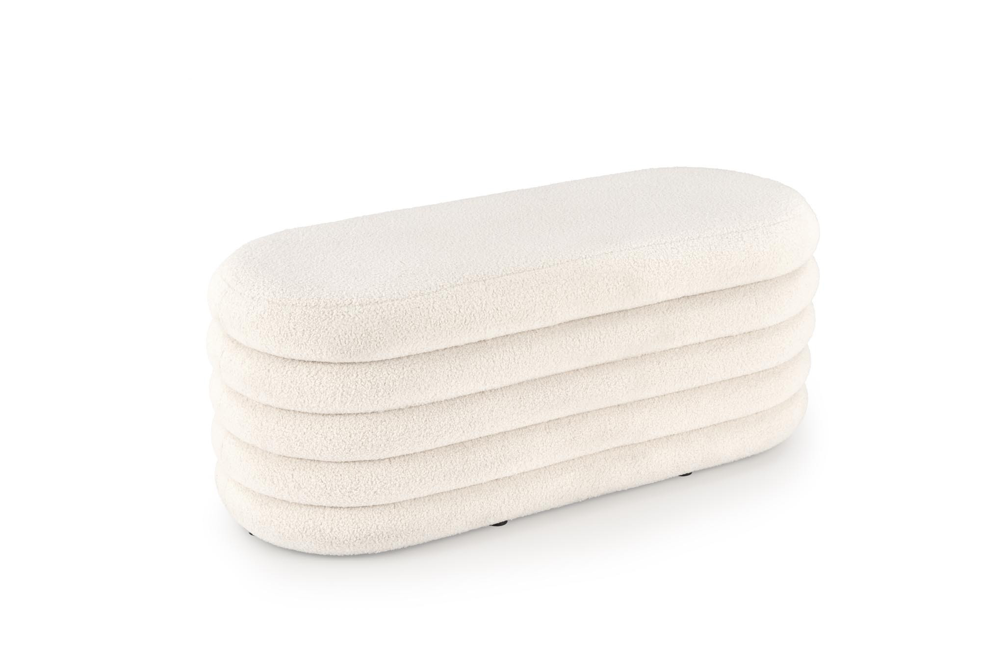 Ławka BLISS z pojemnikiem, kremowy boucle – zdjęcie z boku.