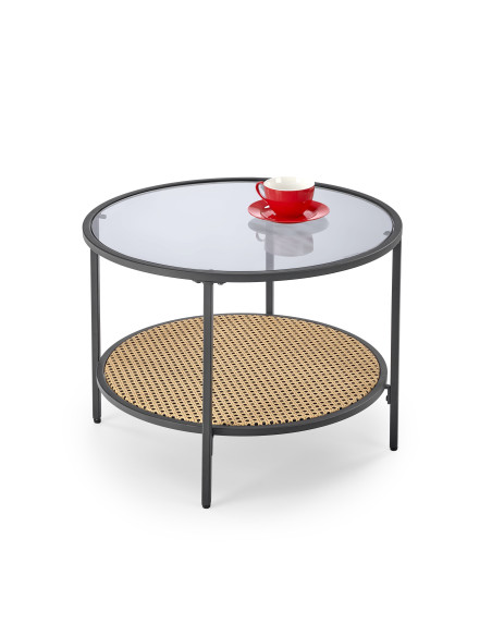 DAKOTA Ława Okrągła Szklana Fi 60cm z Półką - Szkło Dymione/Naturalny