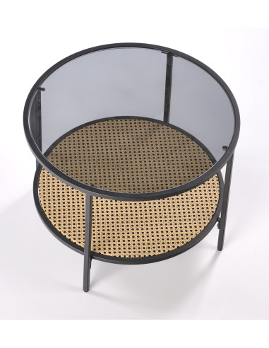 DAKOTA Ława Okrągła Szklana Fi 60cm z Półką - Szkło Dymione/Naturalny