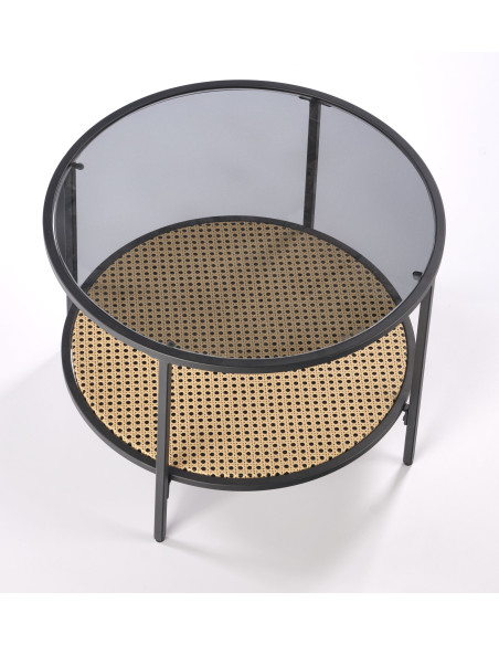 DAKOTA Ława Okrągła Szklana Fi 60cm z Półką - Szkło Dymione/Naturalny