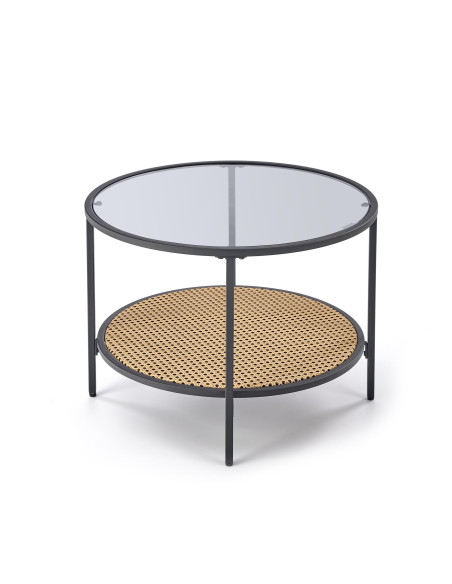 DAKOTA Ława Okrągła Szklana Fi 60cm z Półką - Szkło Dymione/Naturalny