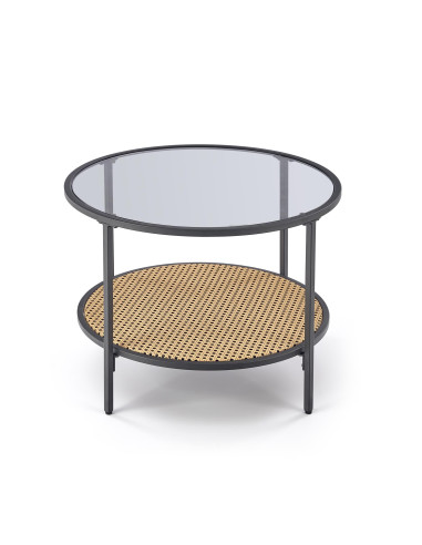 DAKOTA Ława Okrągła Szklana Fi 60cm z Półką - Szkło Dymione/Naturalny