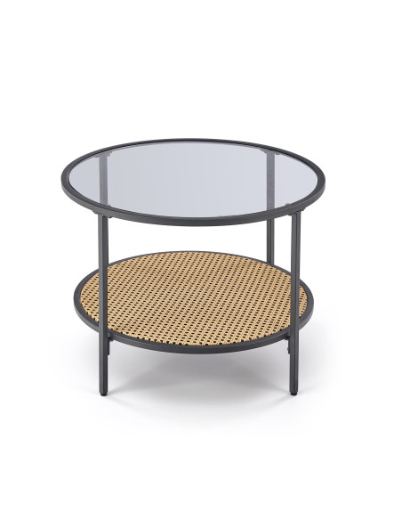 DAKOTA Ława Okrągła Szklana Fi 60cm z Półką - Szkło Dymione/Naturalny