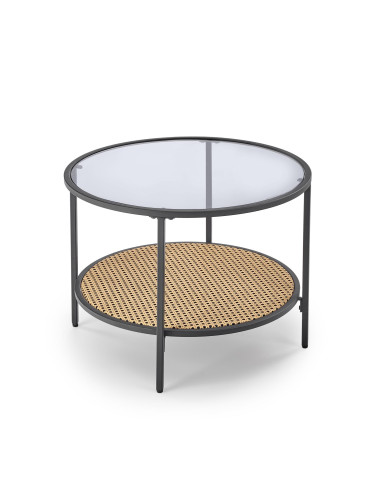 DAKOTA Ława Okrągła Szklana Fi 60cm z Półką - Szkło Dymione/Naturalny