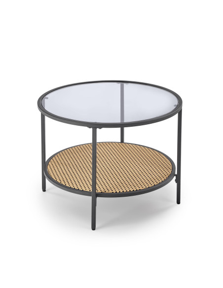 DAKOTA Ława Okrągła Szklana Fi 60cm z Półką - Szkło Dymione/Naturalny