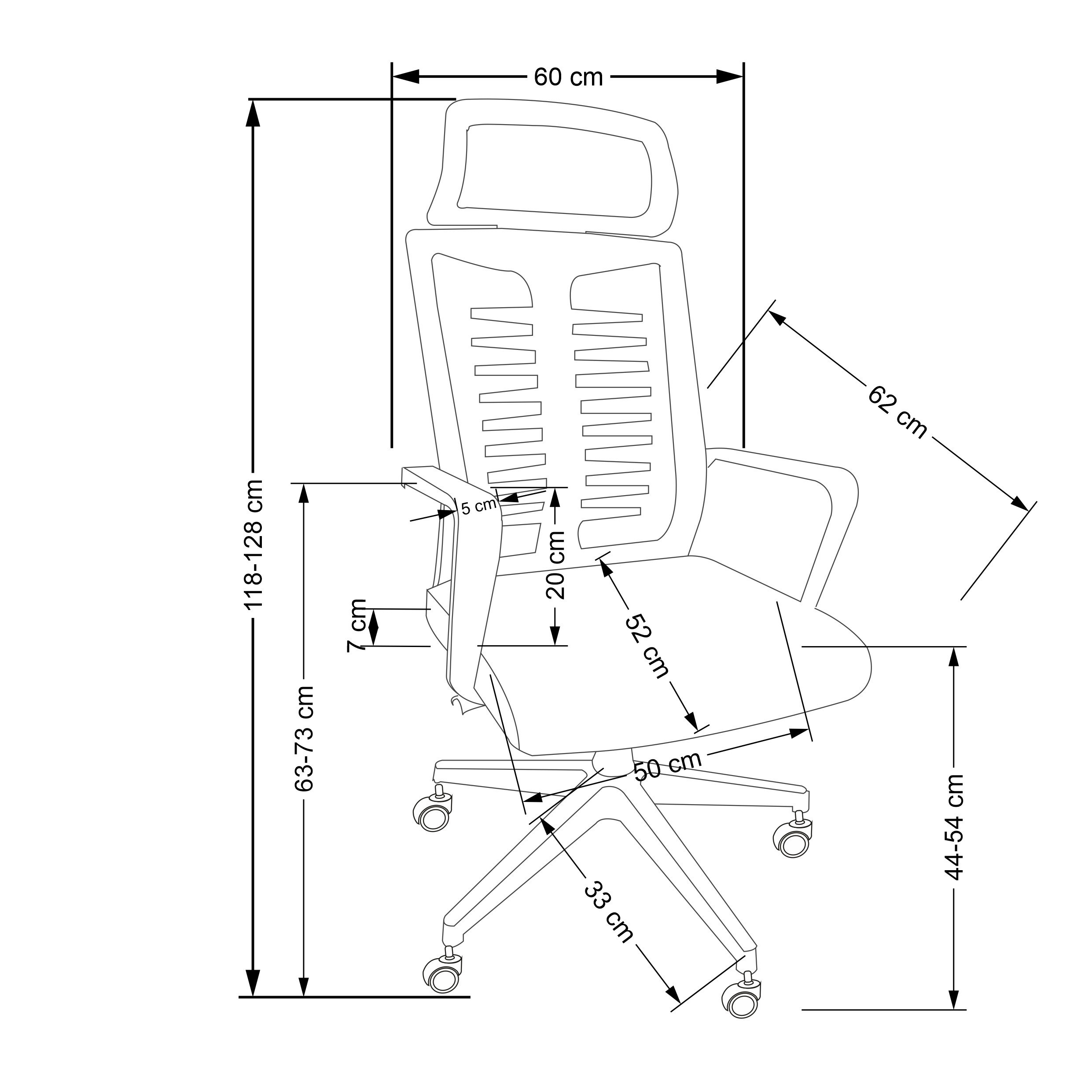 Wymiarowanie czarnego fotela biurowego FABIO z mechanizmem Tilt – widok z boku.