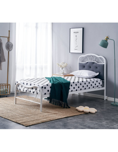 FABRIZIA łóżko 90x200 cm Białe z Pikowanym Popielatym Zagłówkiem i Stelażem