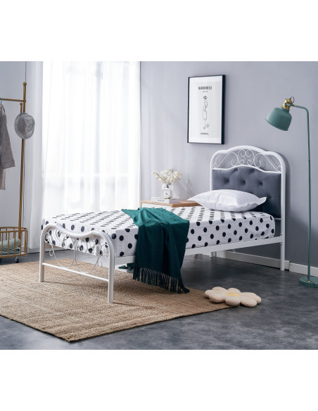 FABRIZIA łóżko 90x200 cm Białe z Pikowanym Popielatym Zagłówkiem i Stelażem