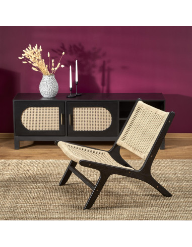 FODEN Fotel w Stylu Boho Czarny/ Naturalny Drewno Lite - Elegancja i Styl