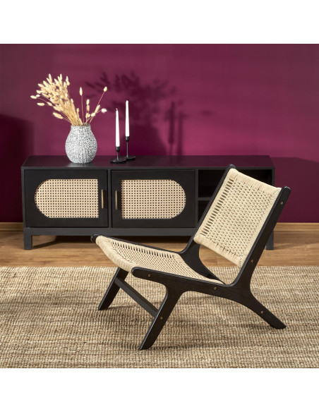 FODEN Fotel w Stylu Boho Czarny/ Naturalny Drewno Lite - Elegancja i Styl