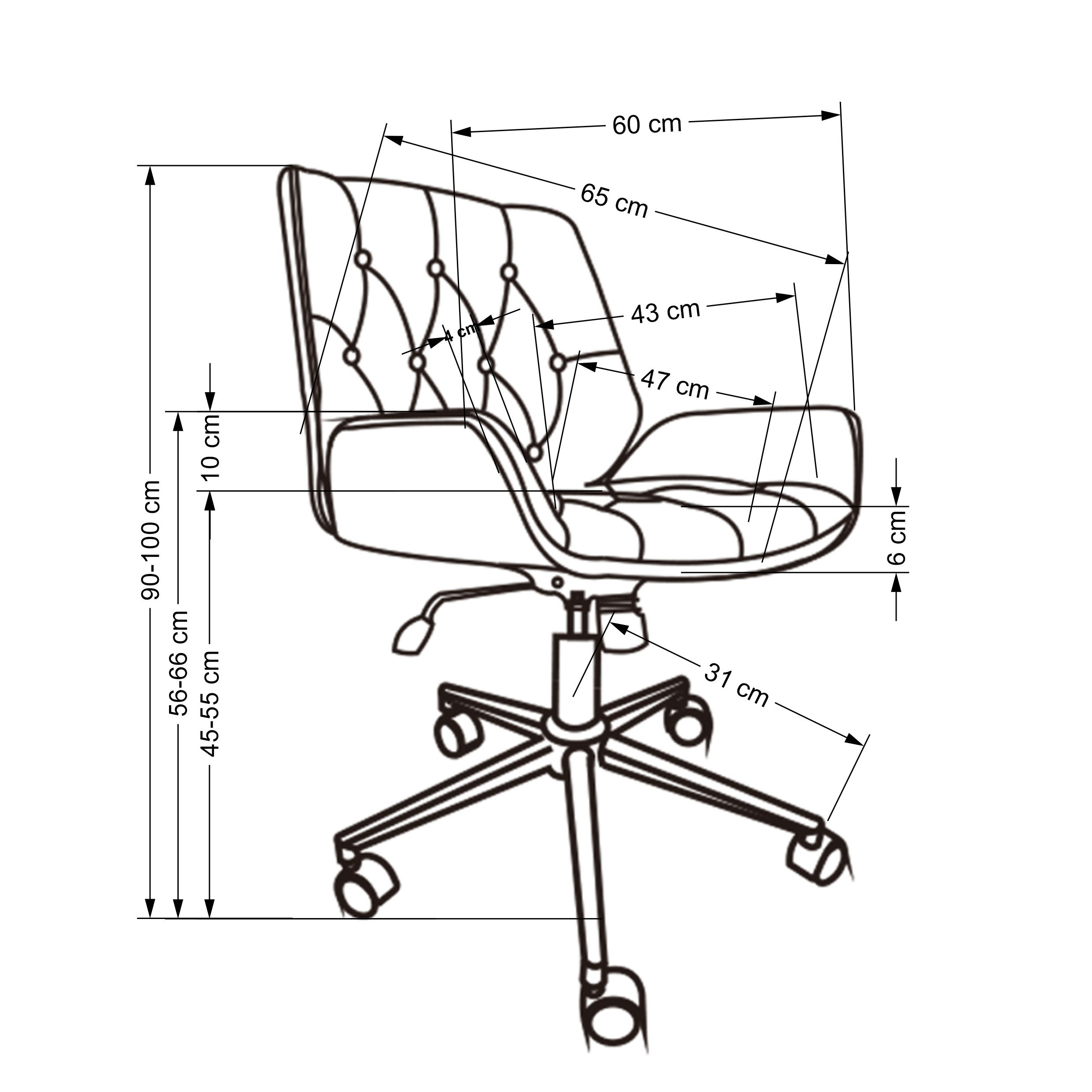 Wymiarowanie orzechowego fotela GAVIN z czarną tapicerką i mechanizmem Tilt – widok z boku.