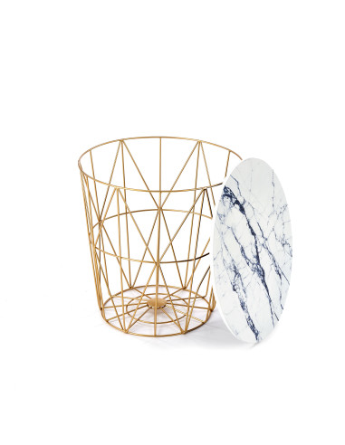 HARISSA G Ława Okrągła z Pojemnikiem Biały Marmur Fi 42cm, Stelaż Złoty