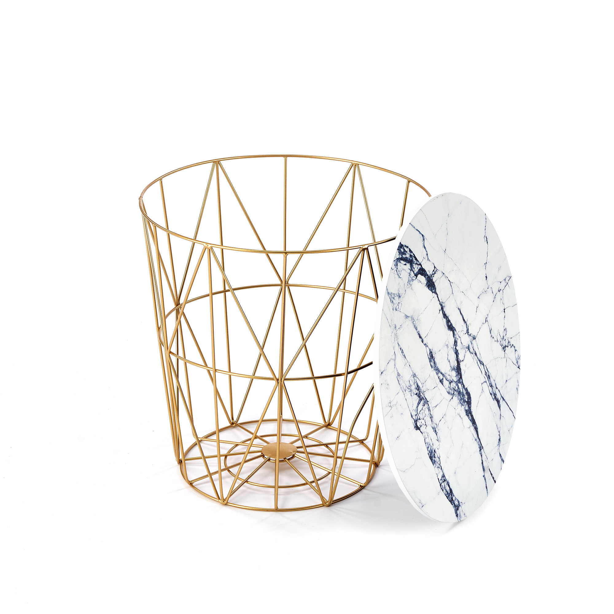 Okrągła ława HARISSA G z białego marmuru i złotym stelażem, widok z góry na marmurowy blat i stelaż.