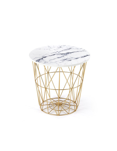 HARISSA G Ława Okrągła z Pojemnikiem Biały Marmur Fi 42cm, Stelaż Złoty