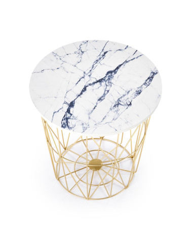 HARISSA G Ława Okrągła z Pojemnikiem Biały Marmur Fi 42cm, Stelaż Złoty