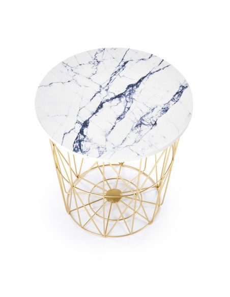 HARISSA G Ława Okrągła z Pojemnikiem Biały Marmur Fi 42cm, Stelaż Złoty